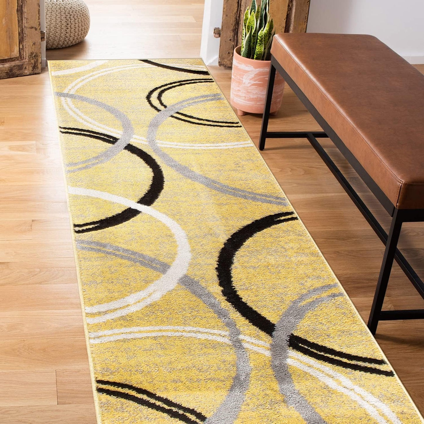 Rugshop Modern Wavy Circles Design Runner Rug 2' x 10' Yellow