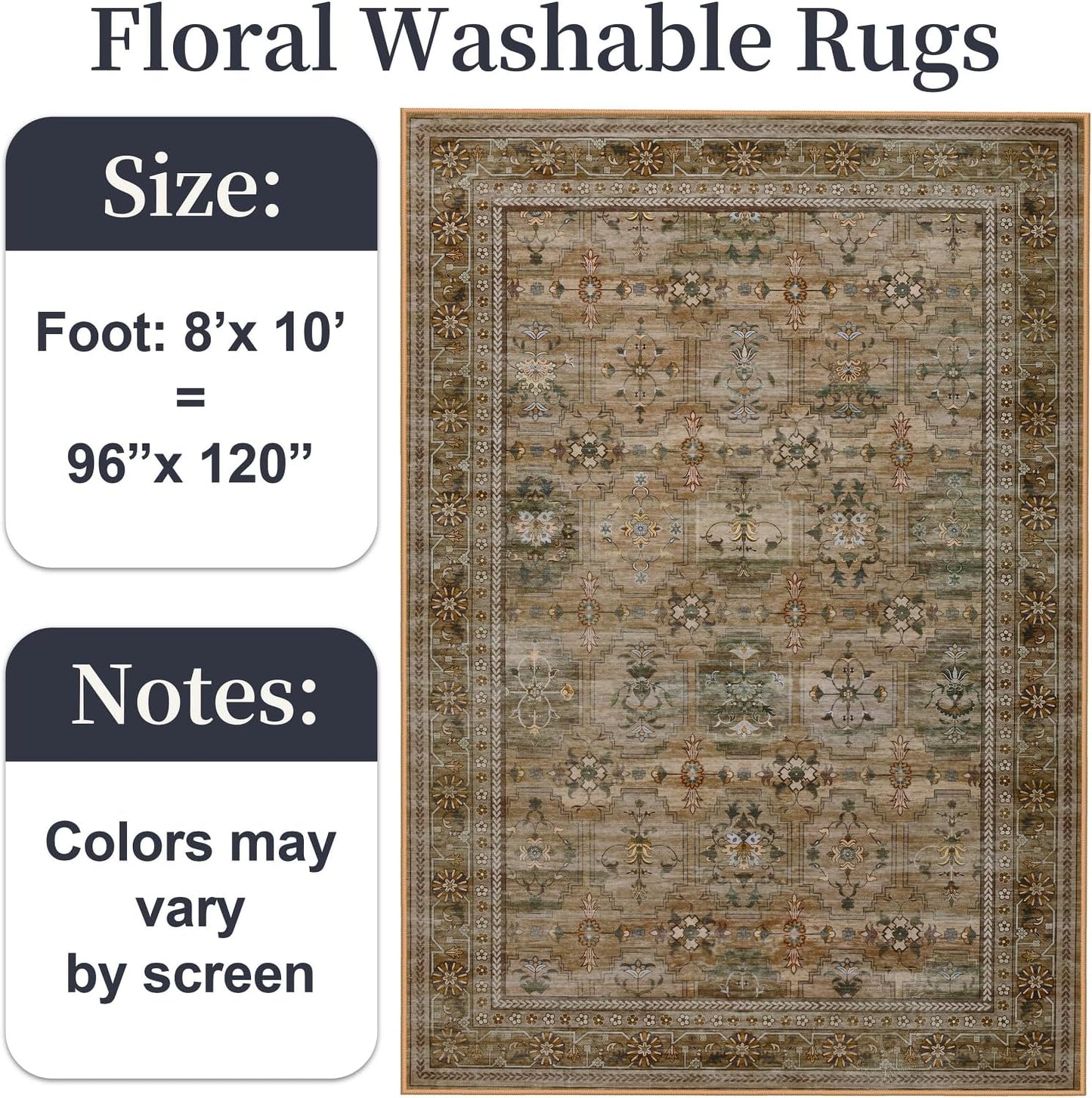 8x10 Washable Area Rug for Living Room, Non Slip Vintage Floral Print Rugs No Shedding, Distressed Thin Retro Accent Carpet for Bedroom Nursery Farmhouse Dining Room Olive/Charcoal