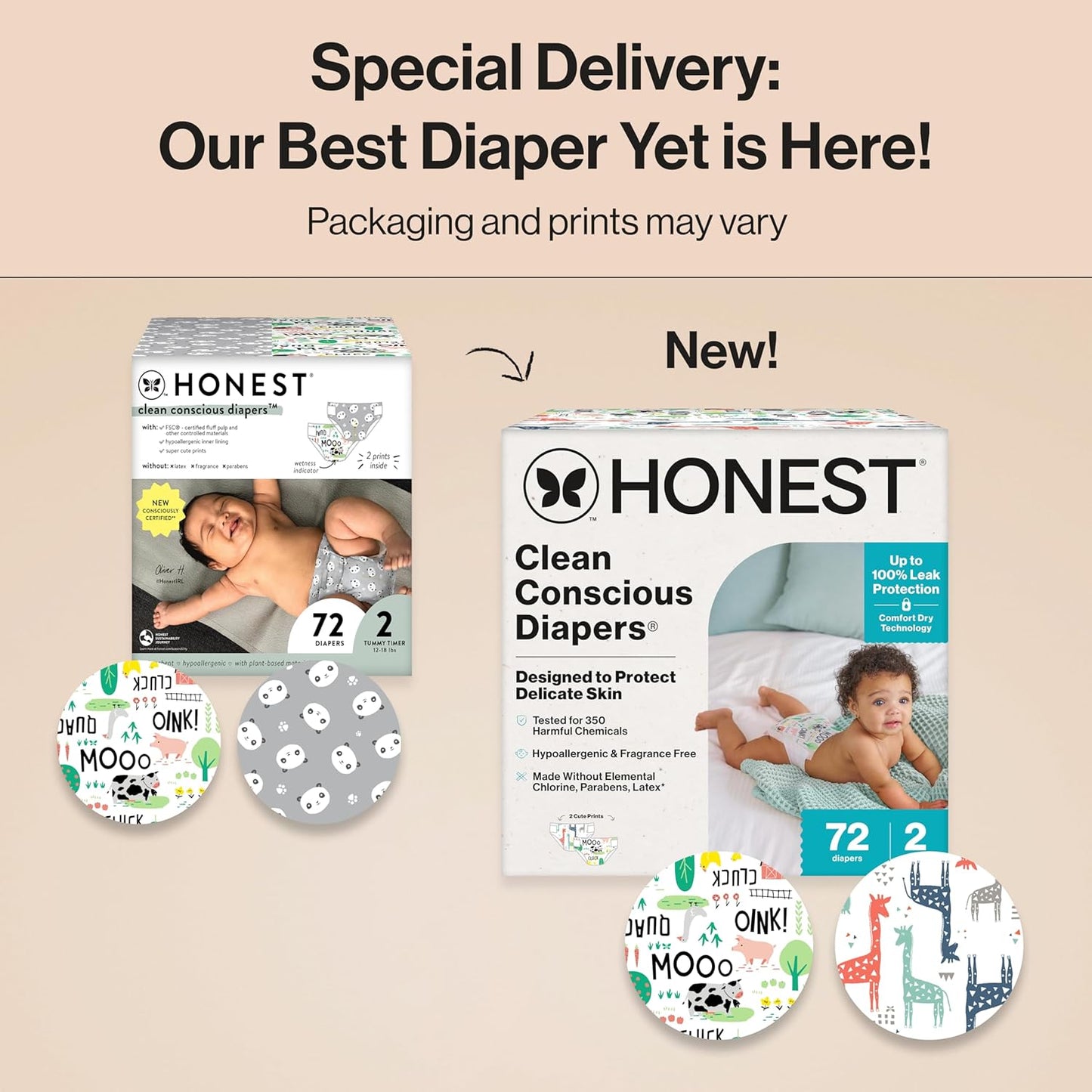 The Honest Company Clean Conscious Diapers for Delicate Skin | Up to 100% Leakproof | Hypoallergenic, Fragrance Free | Gender Neutral | Club Box, Size 2 (12-18 lbs), 72 Count (Prints May Vary)