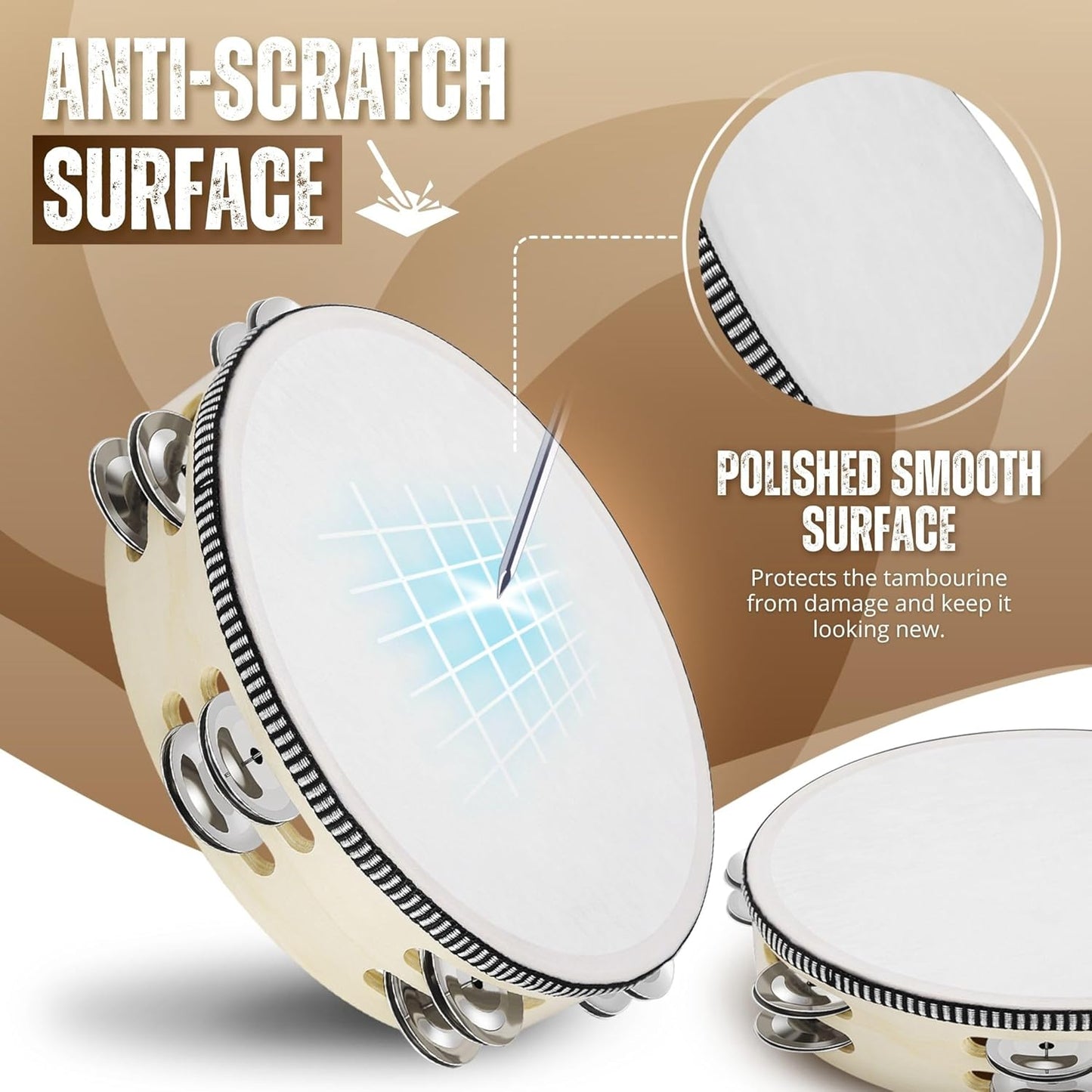 Flexzion Wood Handheld Tambourine for Kids (2 Pack) 8 Inch Double Row 12 Pair Jingles, Hand Held Percussion Drum Moon Musical Instrument with Metal Bell