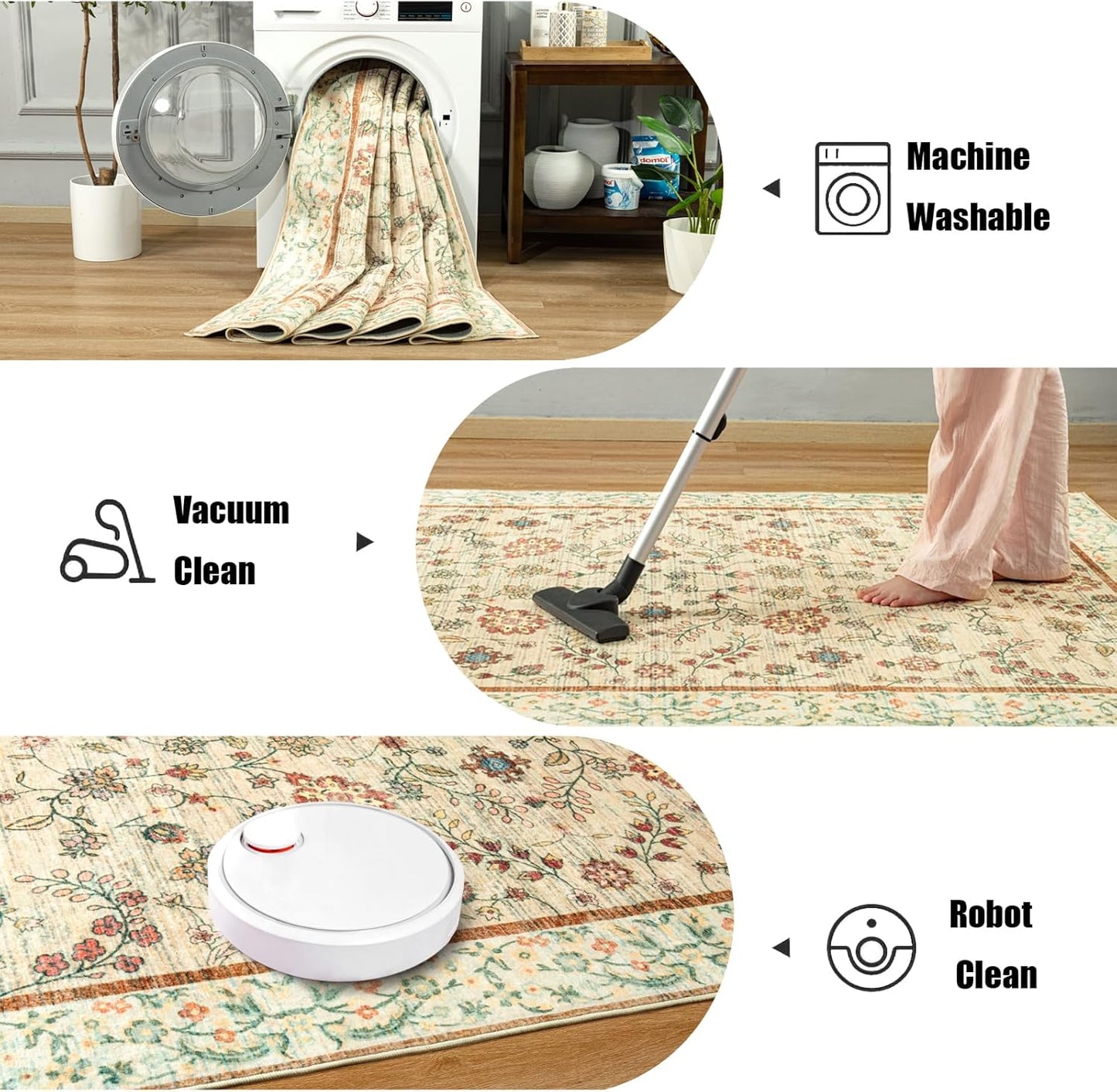 LOCHAS Washable Area Rugs 4x6, Beige Floral Rug for Living Room Bedroom Non Slip, Ultra Soft Vintage Indoor Carpet for Kids, Nursery, Dorm, Dining Room, Classroom, Boho Flower Home Decor, Low-Pile