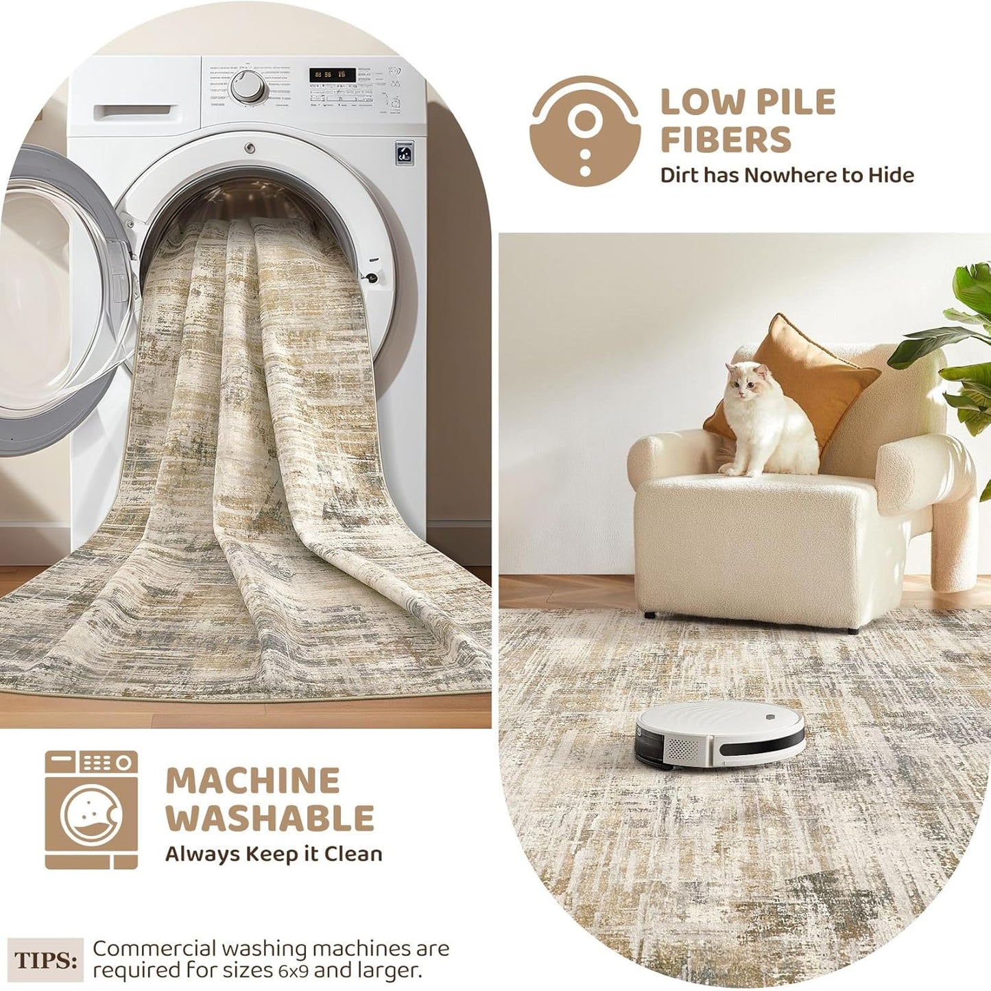 Area Rug for Living Room: 6x9 Washable Neutral Abstract Modern Soft Rugs Non Slip Indoor Floor Stain Resistant Large Carpet for Bedroom Dining Room Office Nursery - Golden Brown