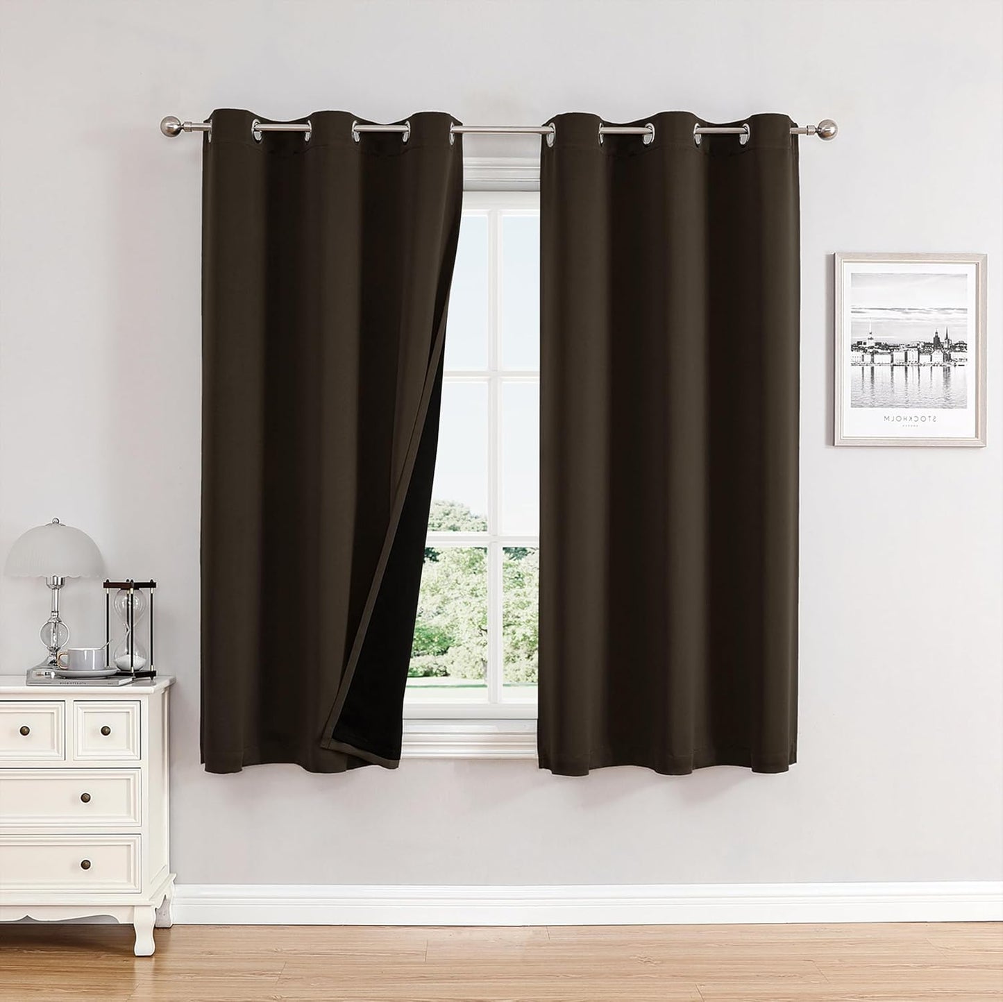 ChrisDowa 100% Blackout Curtains 63 inch Long for Bedroom with Black Liner, 2 Thick Layers Total Blackout Thermal Insulated Grommet Window Curtains 2 Panels Set (Brown, 38 x 63 Inch)