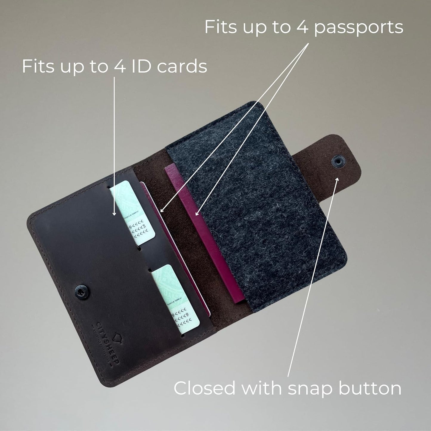 Passport Holder Compatible with AirTag Family Passport Holder Wallet for 2, 3, 4 Made from Premium Full Grain Leather and Wool Felt Brown Color. CITYSHEEP