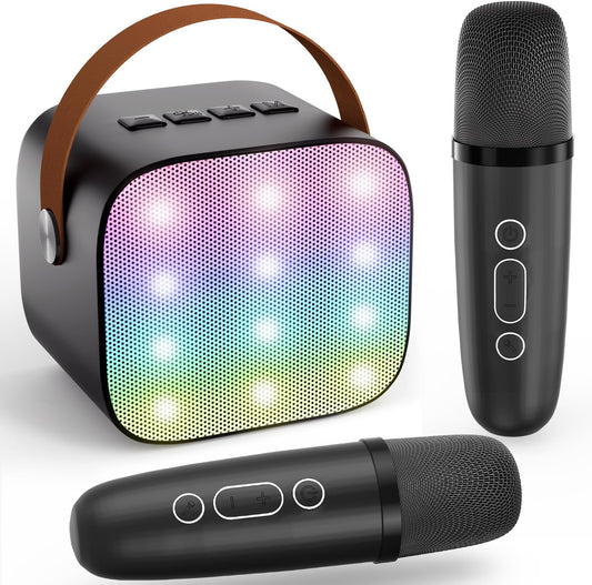 Mini Karaoke Machine for Kids Teen Adults - Toddler Toys Birthday Gift for Kids Girls Ages 3-12, Portable Bluetooth Speaker Set with 2 Wireless Microphones fits Family Fun Indoor Party Camping, Black