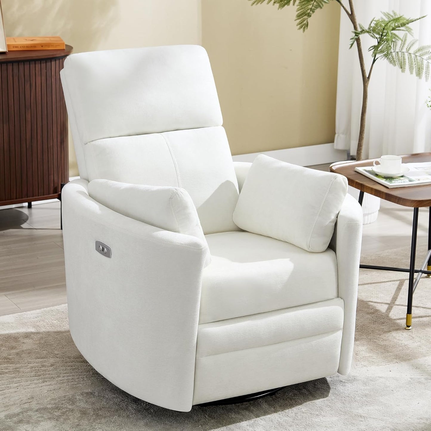Power Recliner Swivel Rocking Glider, Upholstered Electric Rocking Adult Recliner with USB Port,Nursery Rocking Chair with 2 Pillows Living Room Bedroom (White, Power-Driven)