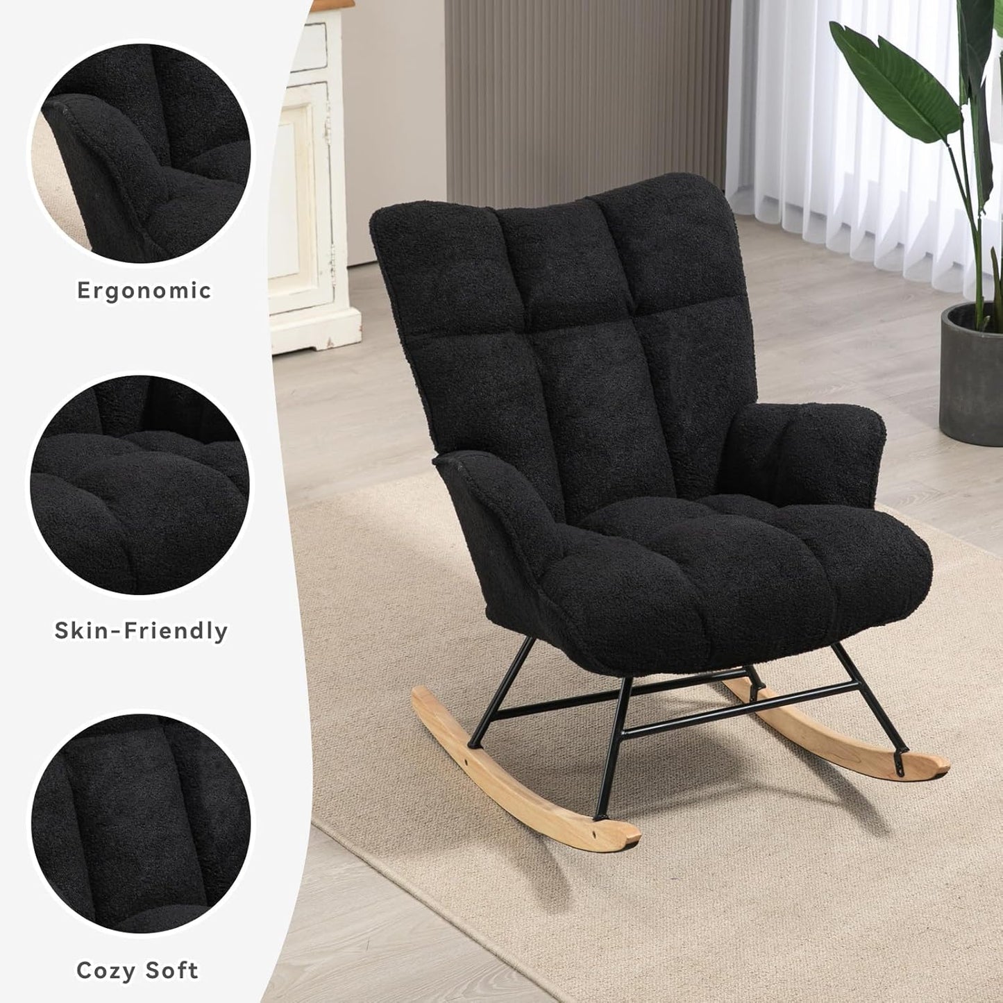 Rocking Chair Nursery Teddy Upholstered Glider Rocker Rocking Accent Chair Padded Seat with High Backrest Armchair Comfy Side Chair for Living Room Bedroom Offices (Black Teddy)