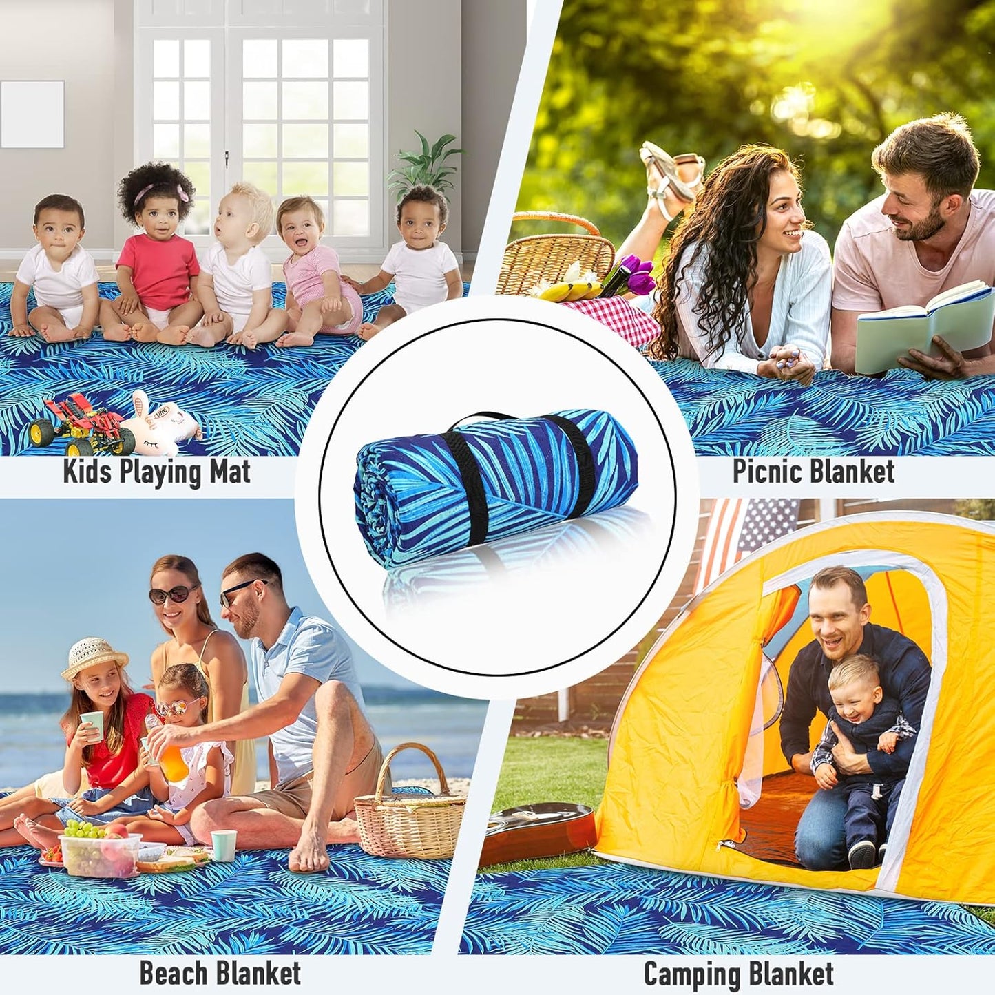 PY SUPER MODE Picnic Blankets Extra Large, Waterproof Foldable Outdoor Beach Blanket Oversized 83x79” Sandproof, 3-Layer Picnic Mat for Camping, Hiking, Travel, Park, Concerts(Blue Leaves)