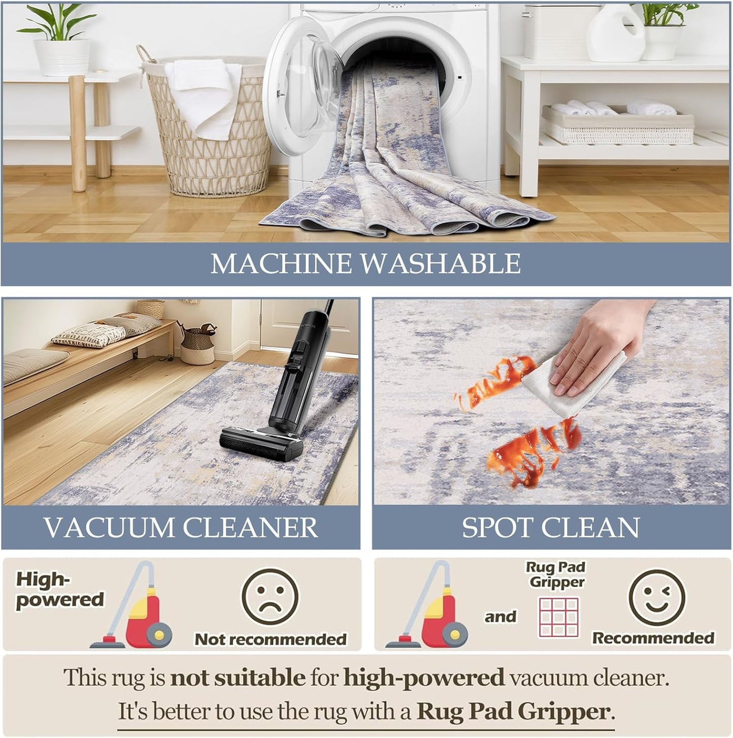 Washable Area Rugs 9'x12' Non-Slip Modern Abstract Soft for Living Room Entryway Bedroom Nursery, Print Pattern, Purple Grey Cream Yellow