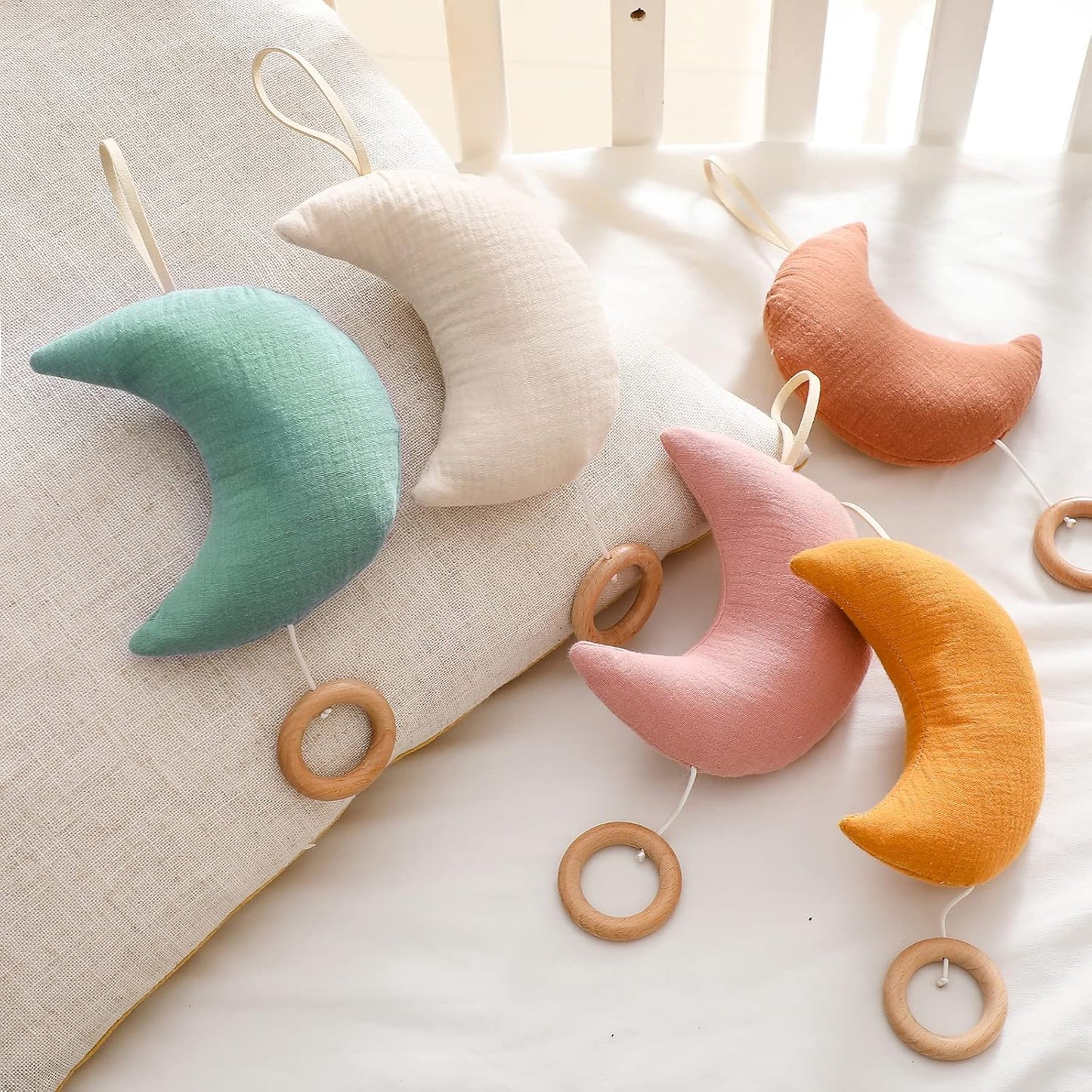 let's make Baby Travel Toy with Music Box - Brahm's Lullaby Pull Musical Toy, Mobile Crib Bed Bell for Carriers and Cribs Beige Moon Music Box