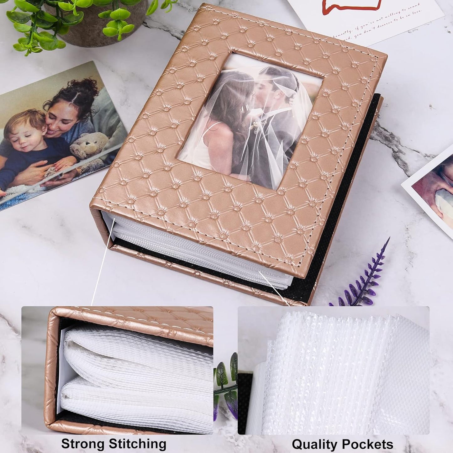 RECUTMS Photo Album 4x6 100 Pockets Photos, Button Grain PU Leather Photo Books Small Picture Album for Baby Family Wedding Christmas Photo Albums Holds 100 Vertical Photos （Brown）