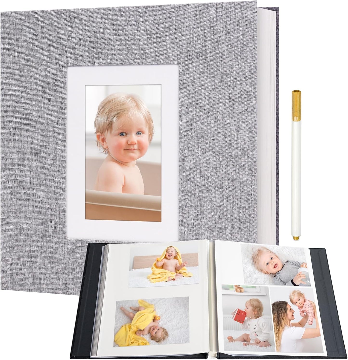 Vienrose Photo Album Self Adhesive for 2x3 4x6 5x7 8x10 Pictures DIY Scrapbook 60 Blank Pages Linen Cover Memory Book for Wedding, Baby Growth, Travel, Grey