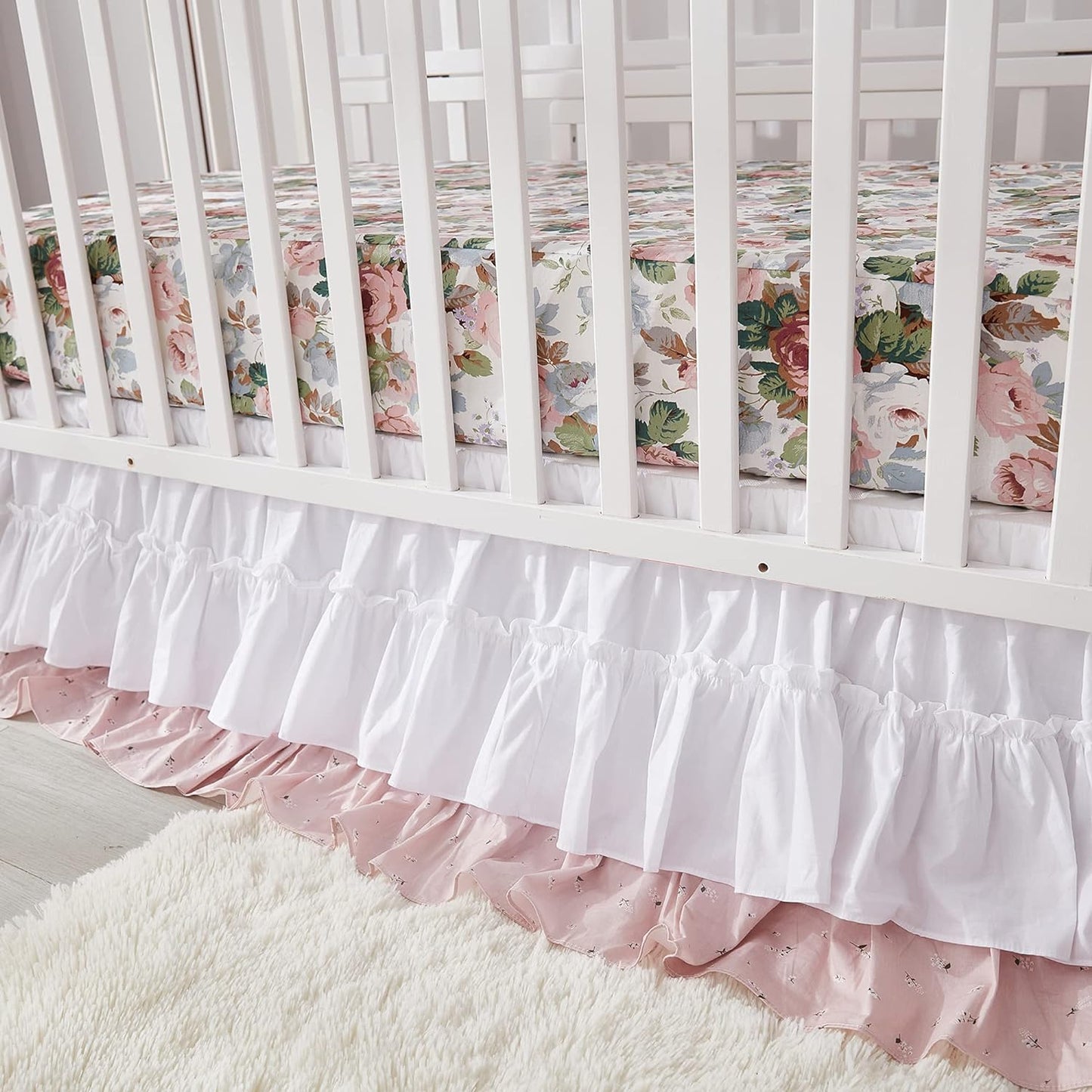 Brandream French Country Garden Floral Crib Bedding Sets for Girls Baby Nursery Bedding Set 3 Piece Ruffled Baby Quilt, Crib Sheet, Crib Skirt - White Blush Pink Green