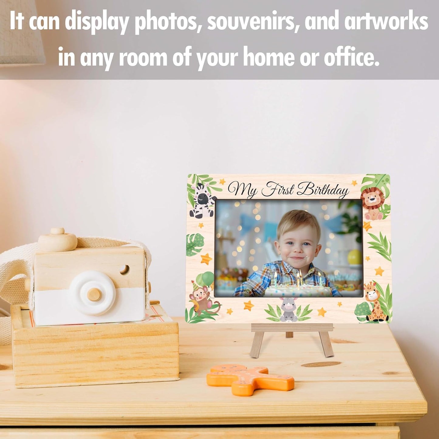 My 1st Birthday Picture Frames, Jungle Animal Wooden 4x6 Photo Frame with Easel, Baby First Year Birthday Gifts for Home Office Tabletop Display Decorations - G04
