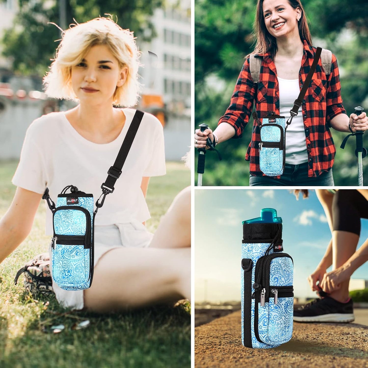 AUPET Water Bottle Sling Bag Sleeve Holder Carrier 25/32/40/64 oz,Insulated Crossbody Water Bottle Case Cover with Strap and Pockets for Men/Women Walking Hiking