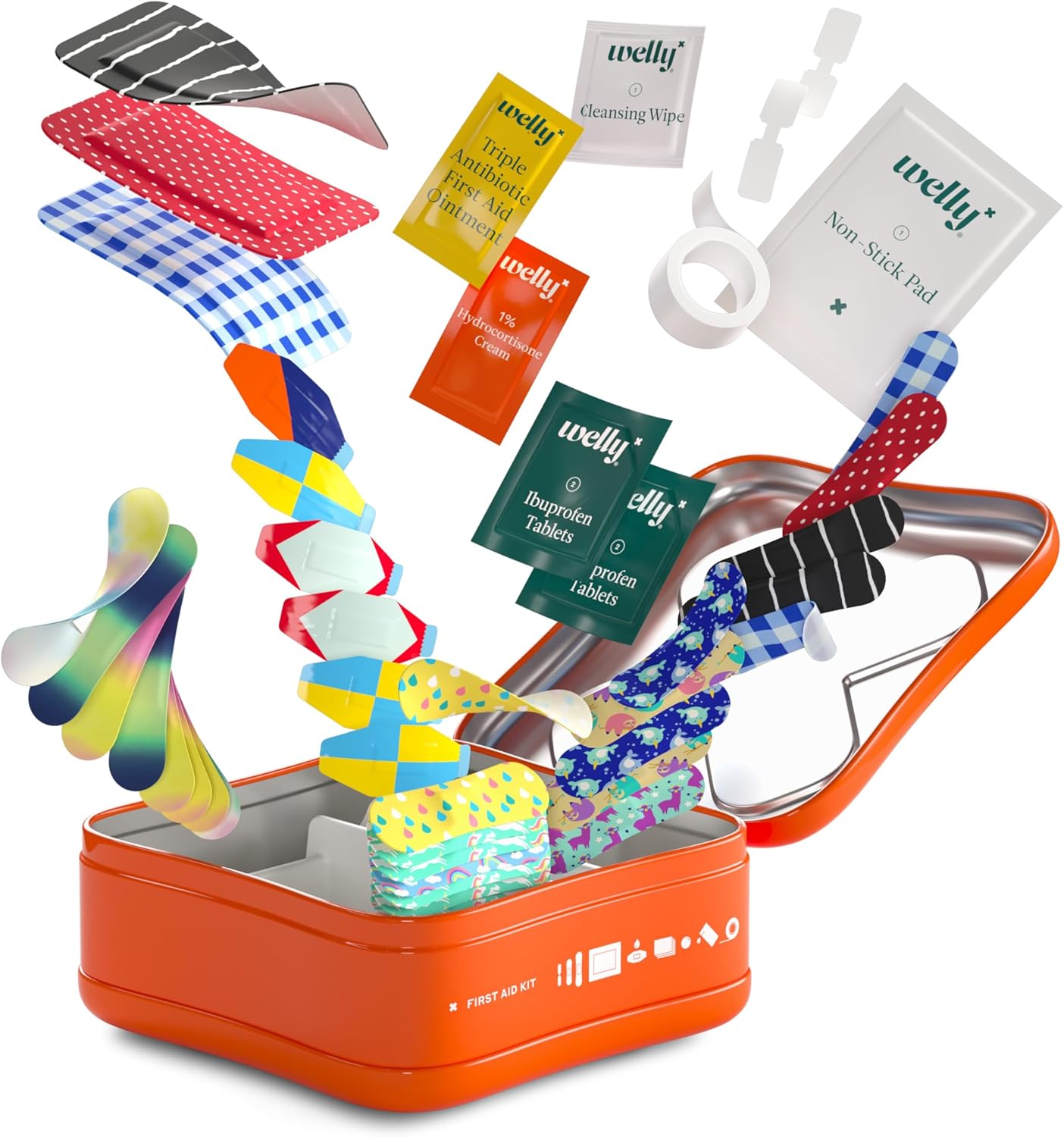 Welly First Aid Kit - Adhesive Flexible Fabric and Waterproof Bandages, Tape and Non-Stick Pads, Butterfly Strips, Single Use Ointments Triple Antibiotic and Hydrocortisone, and Ibuprofen - 130 Count