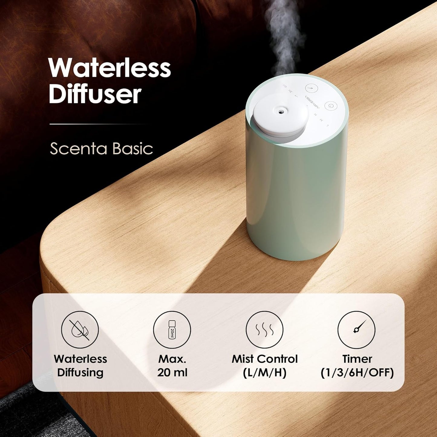 Waterless Diffuser for Essential Oil, Battery Operated Nebulizer, 0.7 Fl.Oz./ 20mL Capacity, Mini Scent Air Machine, 3 Countdown Timers & 3 Mist Levels for Home, Room, Car, Office - AN6 Green Lily