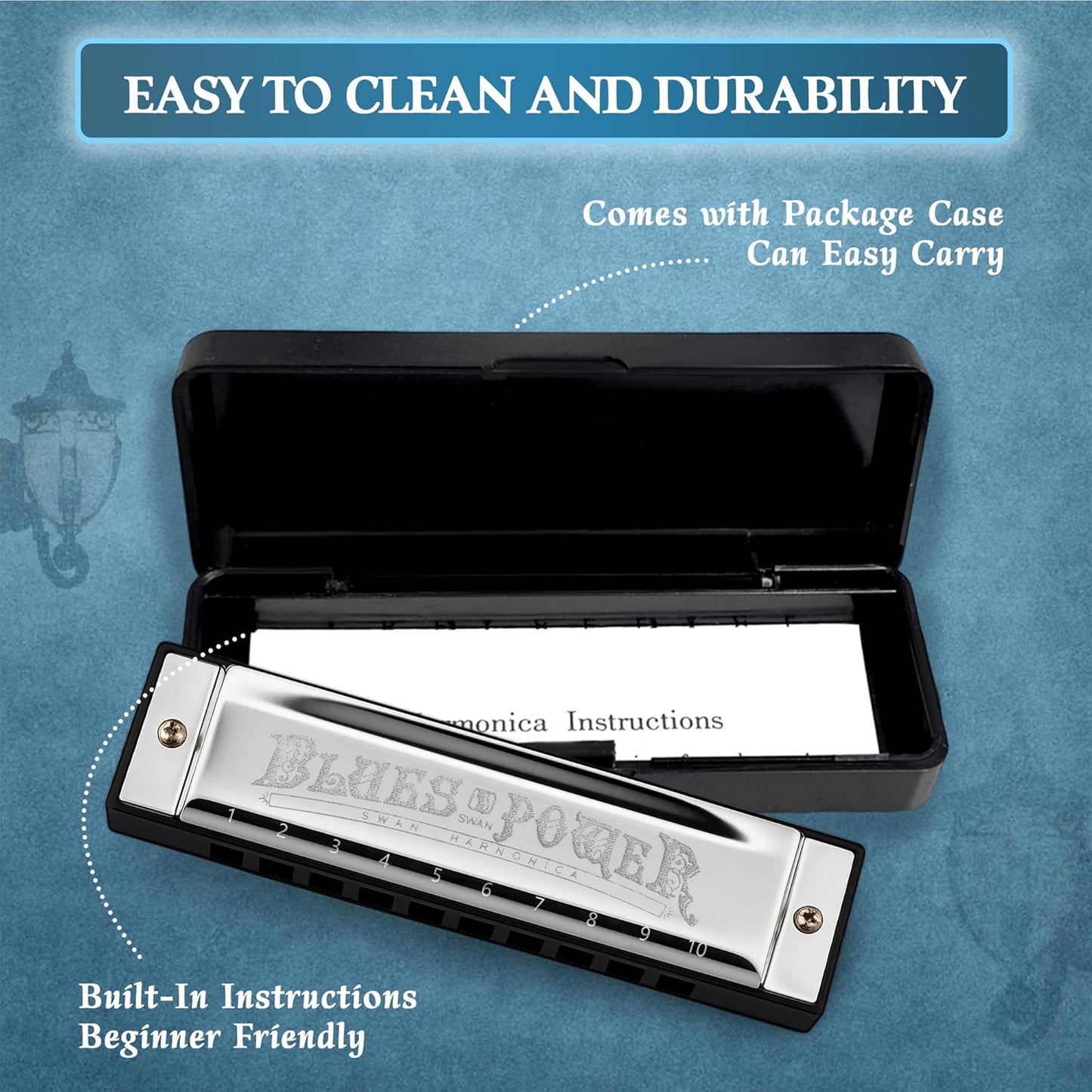 SWAN Blues Harmonica, Key of G, 10 Hole 20 Tone Diatonic Harp Mouth Organ, Stainless Steel Deluxe Harmonica for Adults, Students, Beginners, as a Gift (Silver-G)