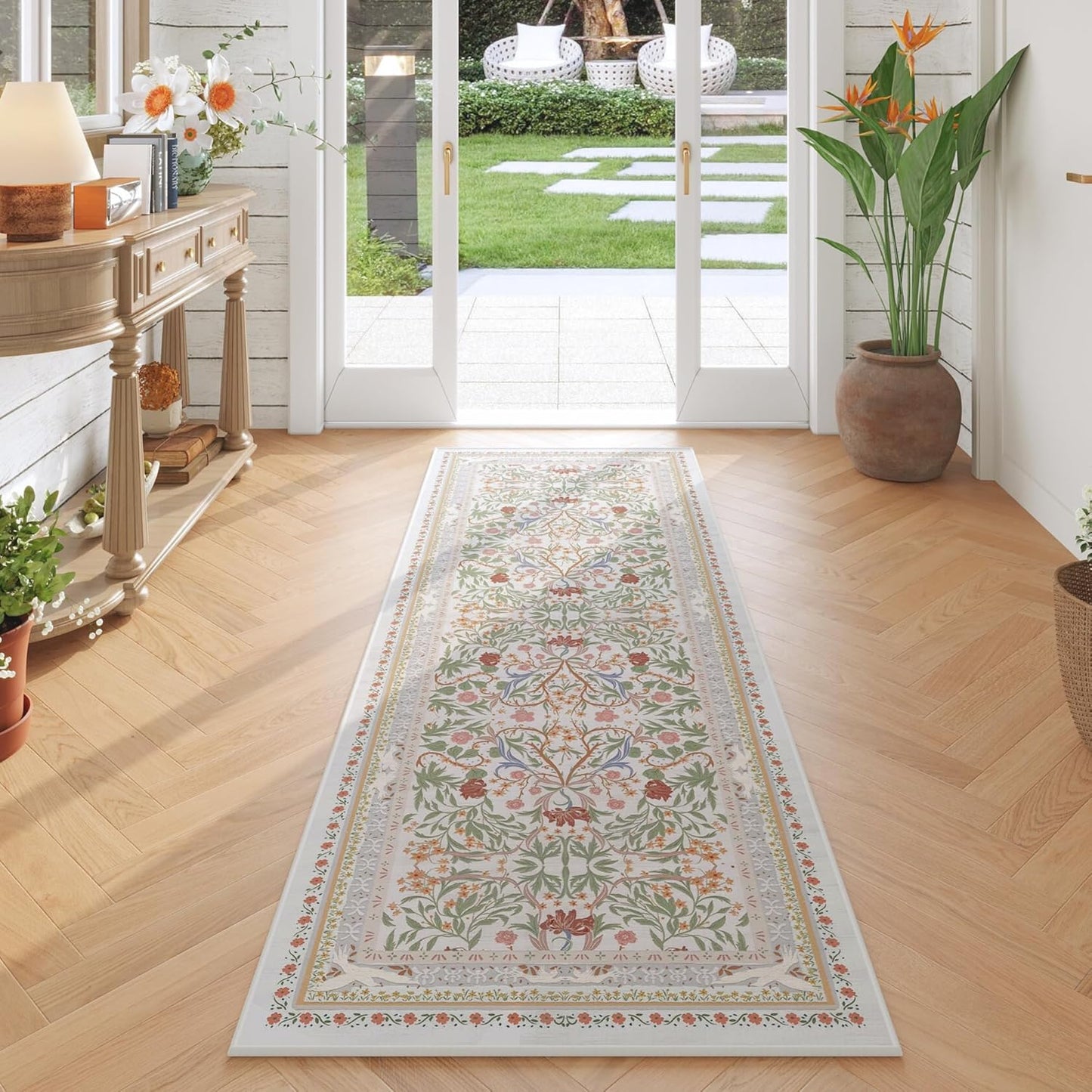 Runner Rug for Kitchen Rug Non Slip 2'x6' Washable Rugs with Rubber Backing Soft Vintage Floral Botanical Carpet Runner for Kitchen, Laundry, Bedroom, Bathroom, Beige