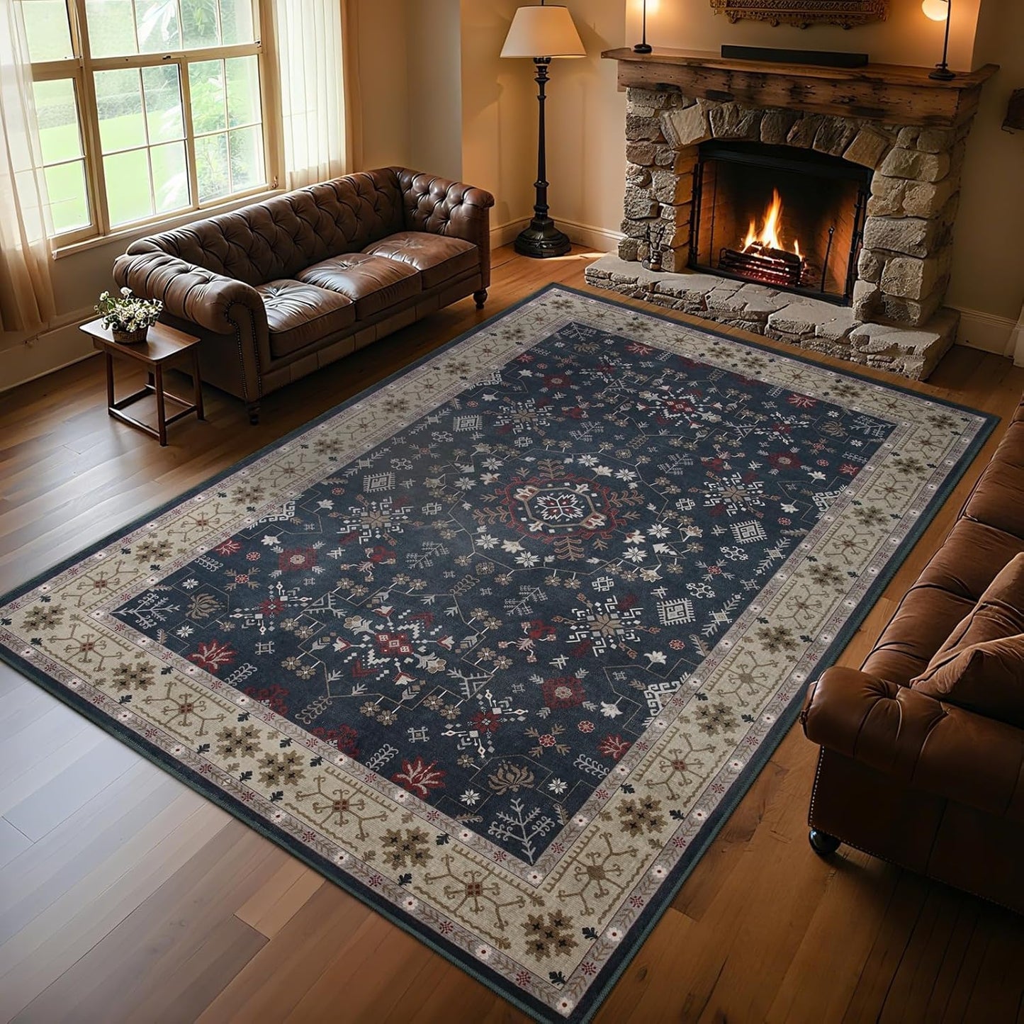 6x9 Washable Blue Area Rug for Living Room Bedroom, Boho Dining Room Rugs for Under Table, Large Low Pile Non-Slip Vintage Print Carpets for Farmhouse, Office, Dorm