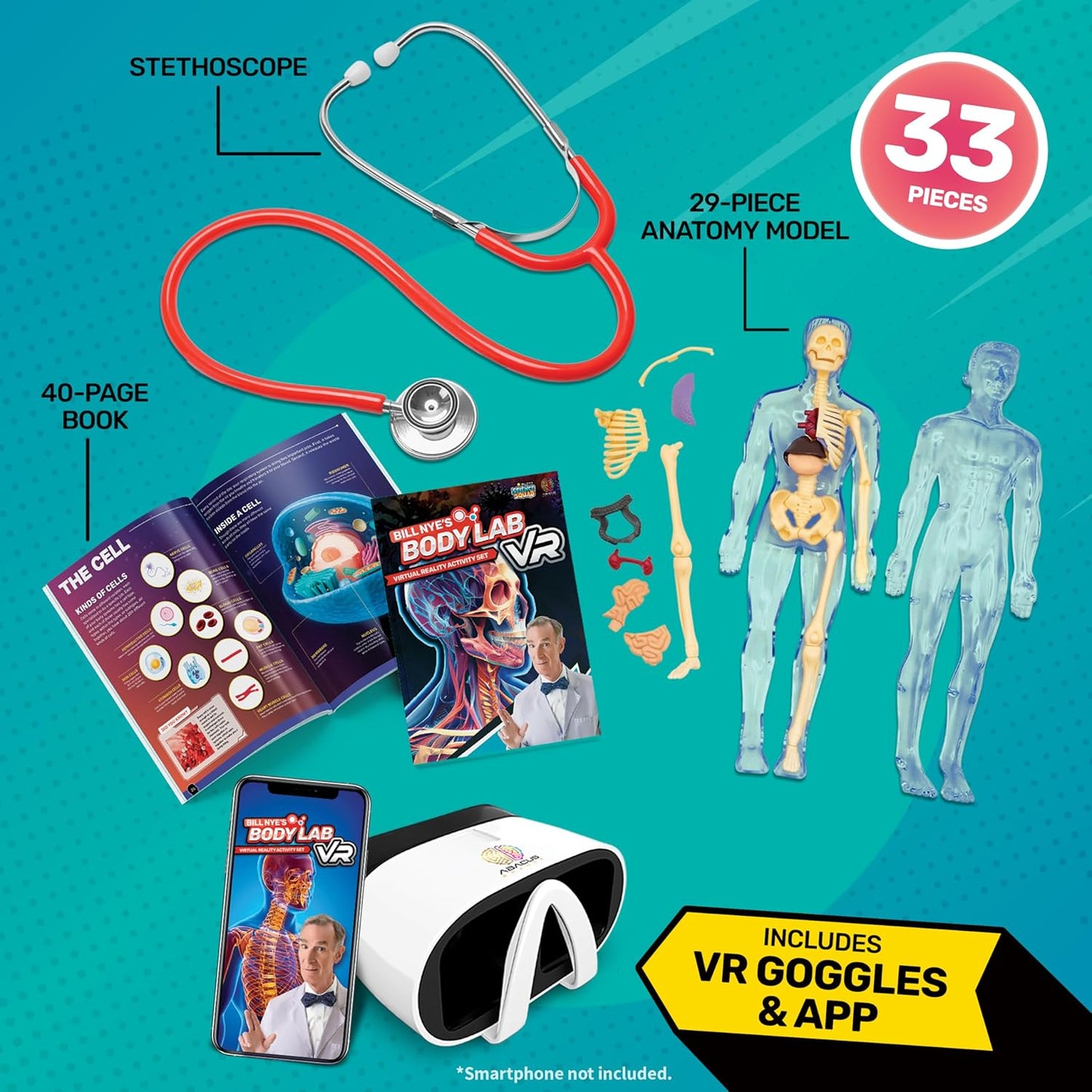 Bill Nye's Science Squad: Body Lab VR - Virtual Reality Kids Science Kit, Book and Interactive Learning Activity Set - for Ages 8 and Up