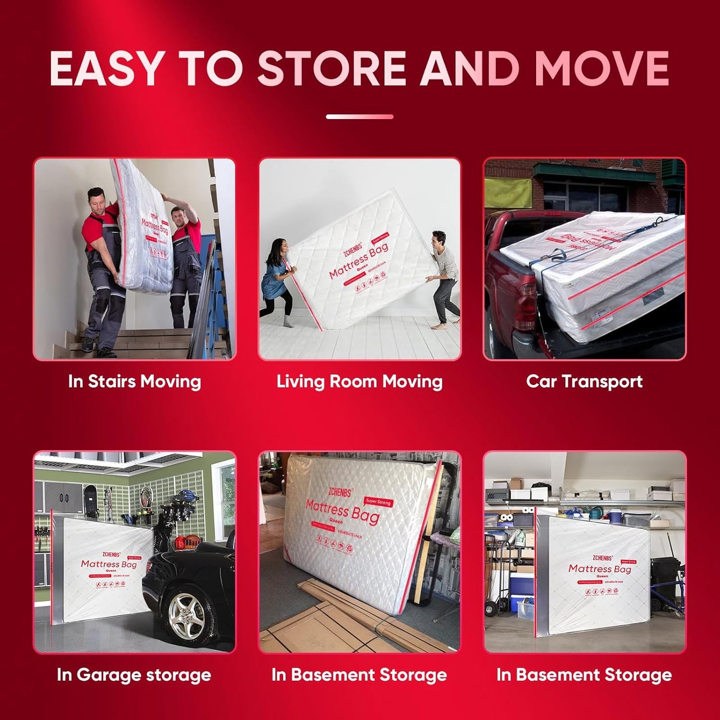 ZCHENBS® – Mattress Bags for Moving and Storage,Mattress Bag with Zippers,5 Mil Ultra-Thick Bed Bag,Waterproof,Anti-Tear,Heavy-Duty Mattress bag (Transaparent/Red, Queen-(1 Pack))