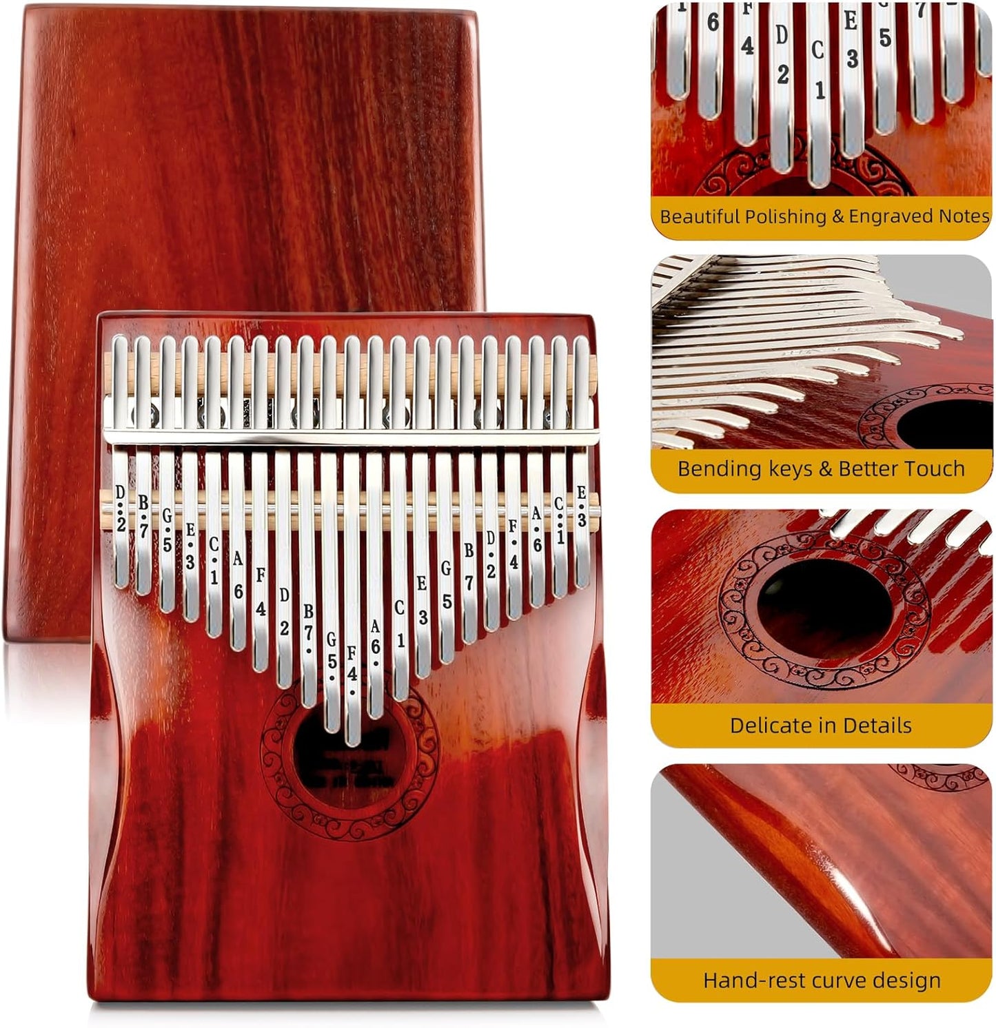 Kalimba Thumb Piano,YUNDIE Portable 21 Keys Mbira Finger Piano with Tune Hammer and Study Instruction,Musical Instruments Gift for Adult Beginners Professional(Brownish Red) (21 Keys)