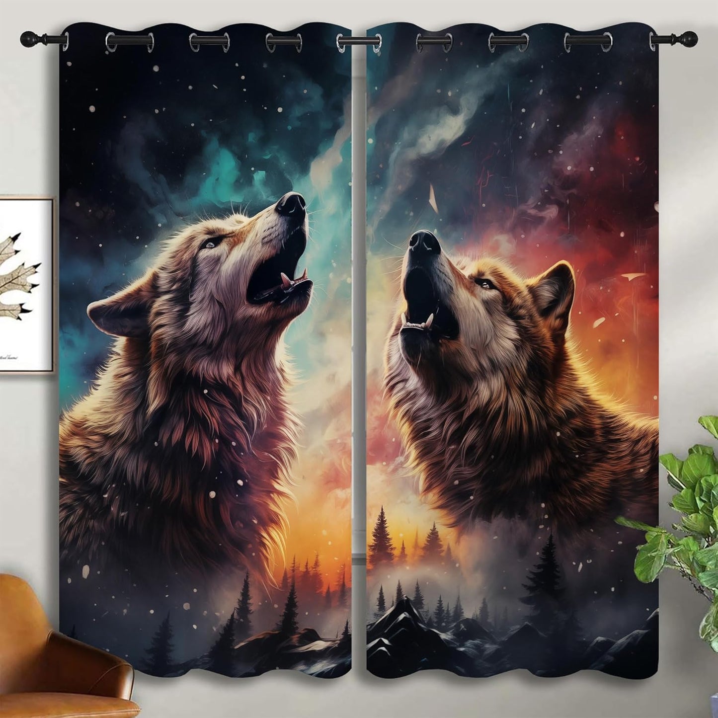 Fantasy Wolf Blackout Curtains for Boys Girl Bedroom Decor,Colorful Galaxy Misty Forest Wildlife Thermal Insulated Grommet Drapes Darkening Window Curtain for Living Room Home 63x63 inch