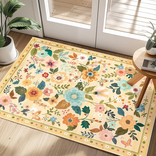 Floral 2x3 Area Rug Machine Washable Soft Print Boho Carpet Non Slip Doormat Low Pile Flower Area Rugs for Living Room Bedroom Nursery Kitchen Dining Room Indoor-Ivory/Yellow