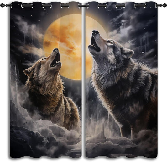 Fantasy Wolf Blackout Curtains for Boys Girl Bedroom Decor,Full Moon Starry Sky Wildlife Retro Thermal Insulated Grommet Drapes Darkening Window Curtain for Living Room Home 42x45 inch