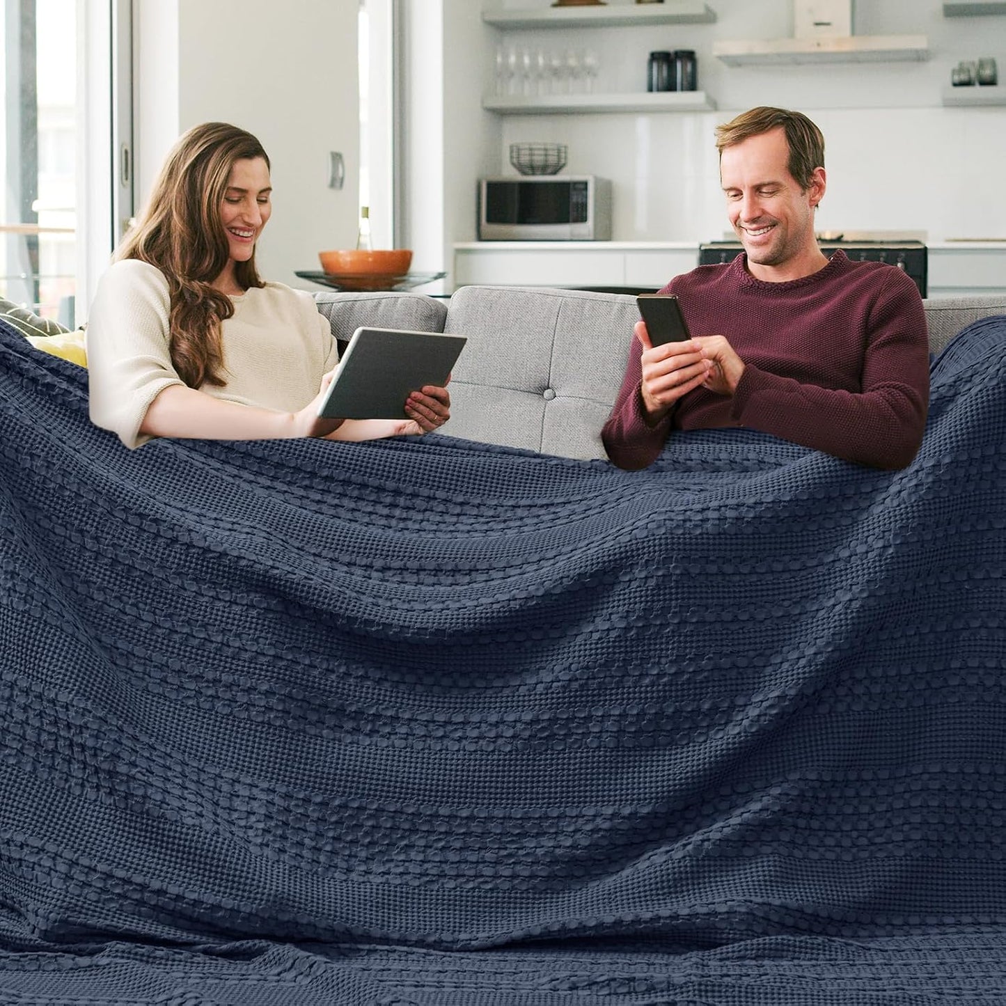 PHF 100% Cotton Waffle Blanket Oversized King 120"x120", Lightweight Breathable Extra Large 10'x10' Summer Blankets for Bed, Giant Big Luxury Aesthetic Woven Bedding for Home Decor, Dark Navy