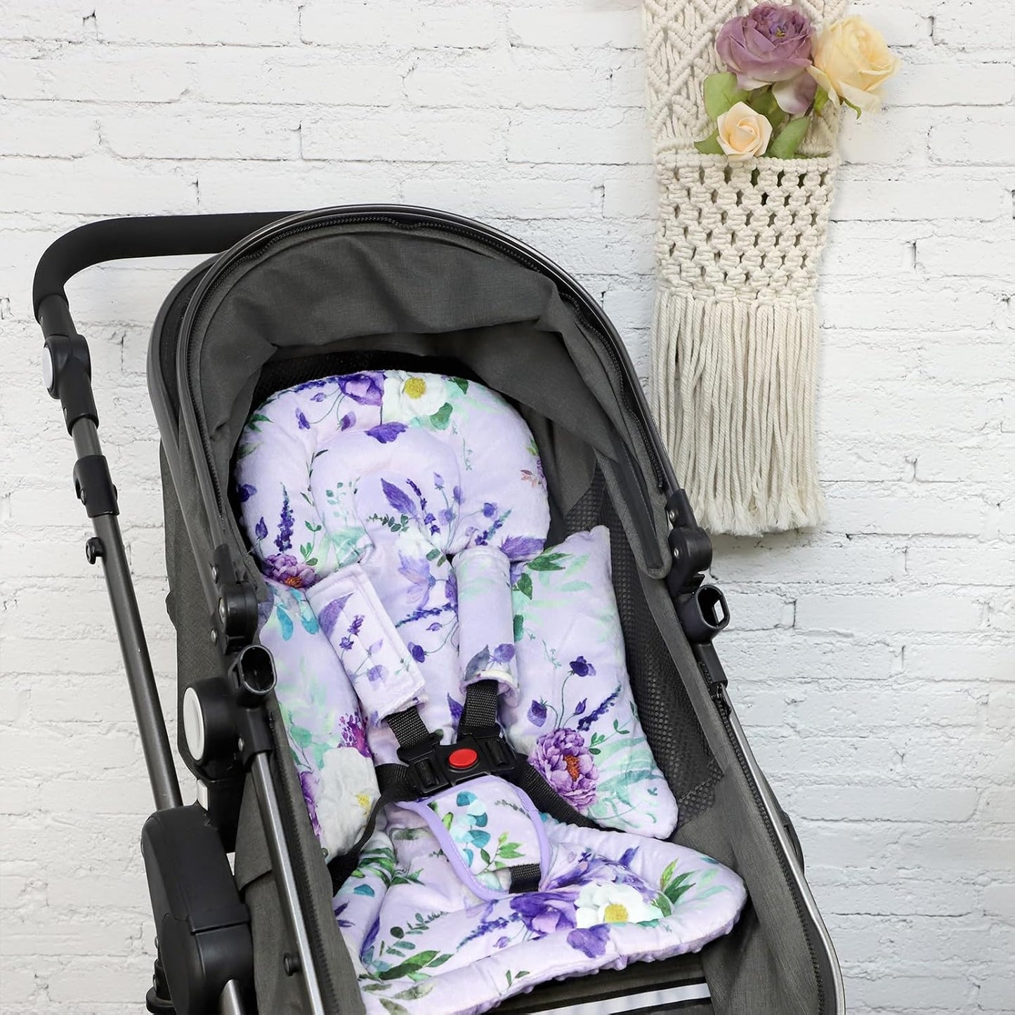 Infant Car Seat Insert and Strap Covers, Very Soft Car Seat Head Support Baby Girl Boy, Reversible Newborn Carseat Insert Cushion Fits for Stroller, Baby Swing, Bouncer (Purple Floral)