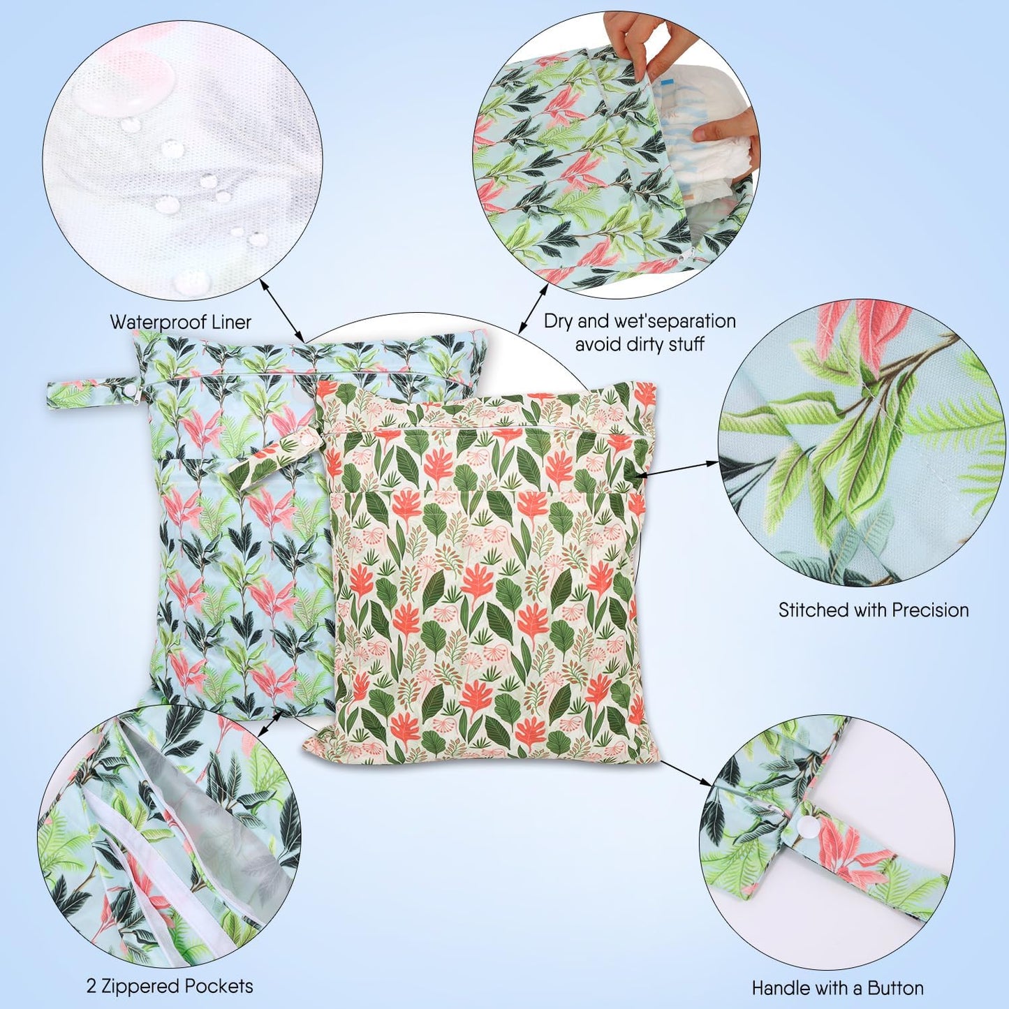 2pcs Travel Waterproof Laundry Bag, Cloth Diaper Wet Dry Bags with Handle & 2 Zipper Pockets, Reusable Washable Dirty Clothes Bag for Baby Adult Travelling Hanging, Bathing Beach Pool Daycare