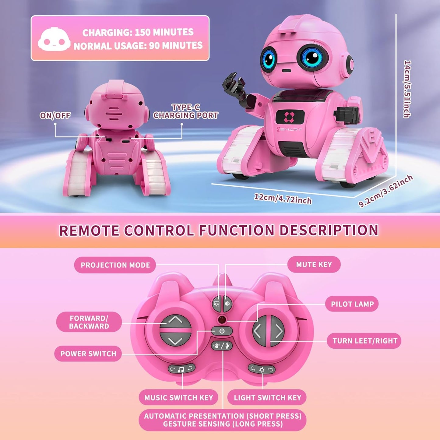 Robot Toys for Boys and Girls, Rechargeable Remote Control Robot with Auto-Demonstration, Light Projection, Dance Moves, Music, and Gesture Sensing –Toy Robot Gifts for 3,4,5,6 year old Girls (Pink)