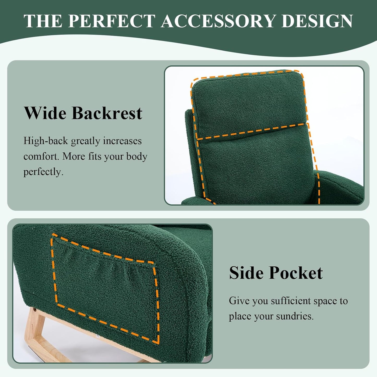 NIOIIKIT Oversized Nursery Rocking Chair, Teddy Upholstered Glider Chair with Footrest, Large Glider Rocker with Side Pocket, Rocking Accent Chair, Glider Recliner for Living Room (Green Teddy)