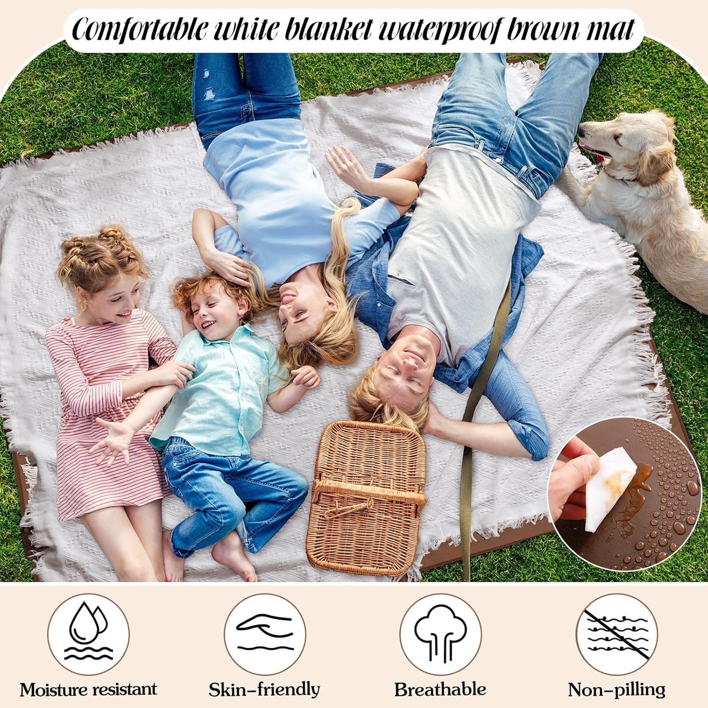 Waterproof Picnic Blankets Outdoor Blanket Foldable 2 in 1 Double Layer Sandproof Beach Mat with Carry Strap for Camping Lawn Park Beach Grass(White)