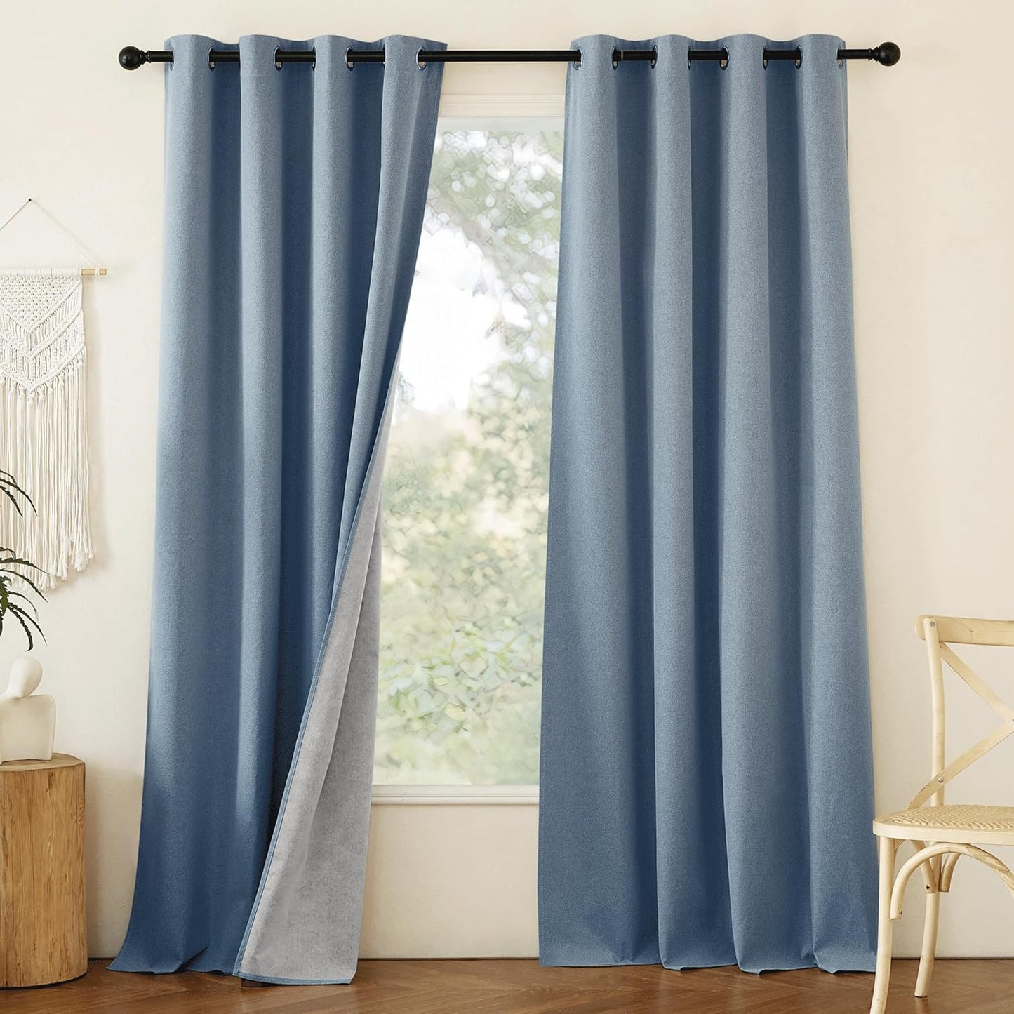 NICETOWN Stone Blue Full Shade Faux Linen Curtain Panels 95" Long, Pair of Energy Smart & Noise Blocking Out Blackout Drapes for Guest Room Window, Thermal Insulated Lined Window Dressing (52 inch)
