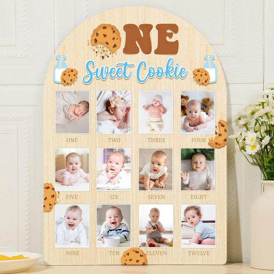 One Sweet Cookie Photo Board Milk and Cookies Birthday Party Wooden Board Decorations 12 Monthly Milestone Picture Frame One Year Old Wood Sign 1st Birthday Photo Banner for Baby Keepsake Gift Supply