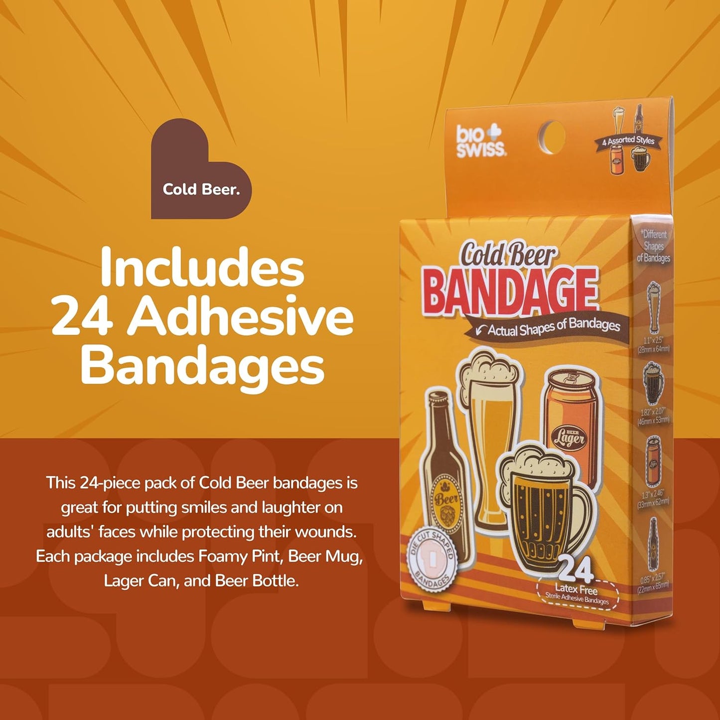 BioSwiss Bandages, Cold Beverage Shaped Self Adhesive Bandage, Latex Free Wound Care, Fun First Aid Kit Supplies for Adults, 24 Count