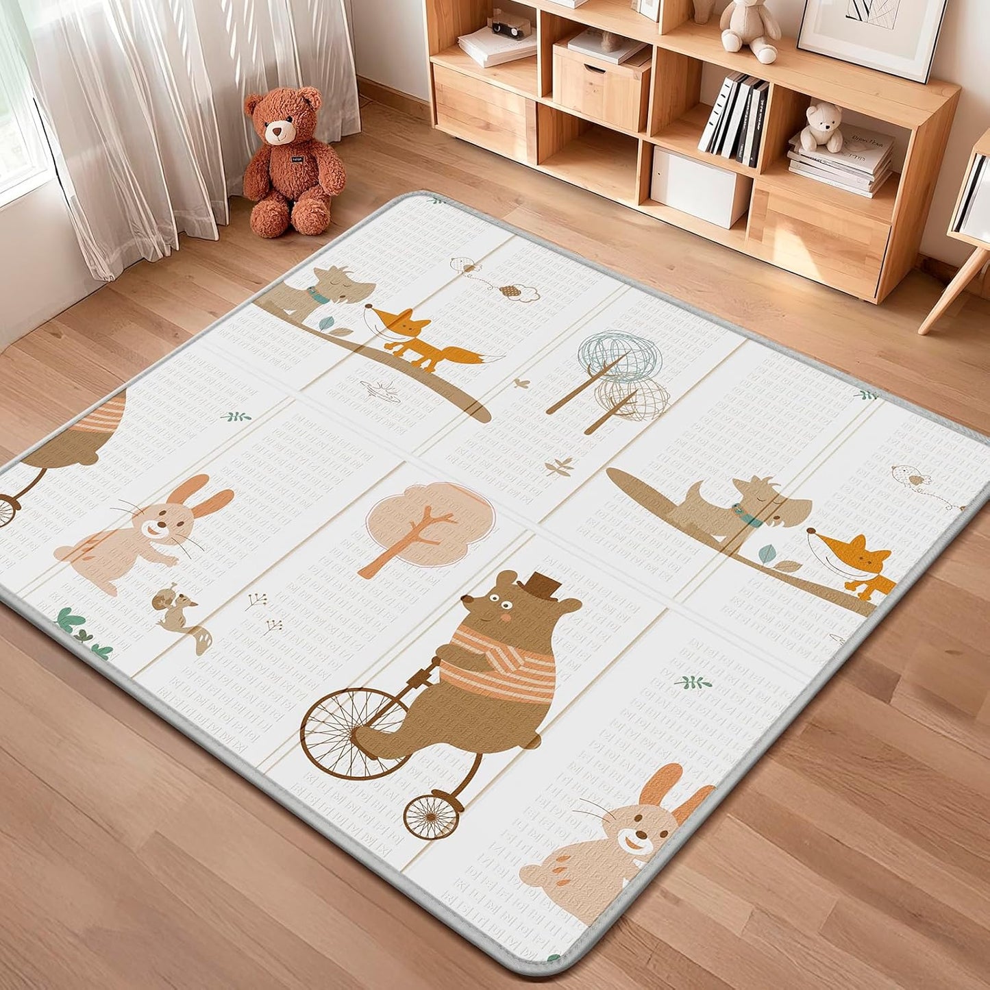 Foldable Baby Play Mat, PIGLOG Waterproof Playmats for Babies and Toddlers Kids, Safe Foam Playmat for Tummy Time, 50x50 Playpen Mat, Reversible Portable Baby Floor Mat for Infant, Toddler, Bear