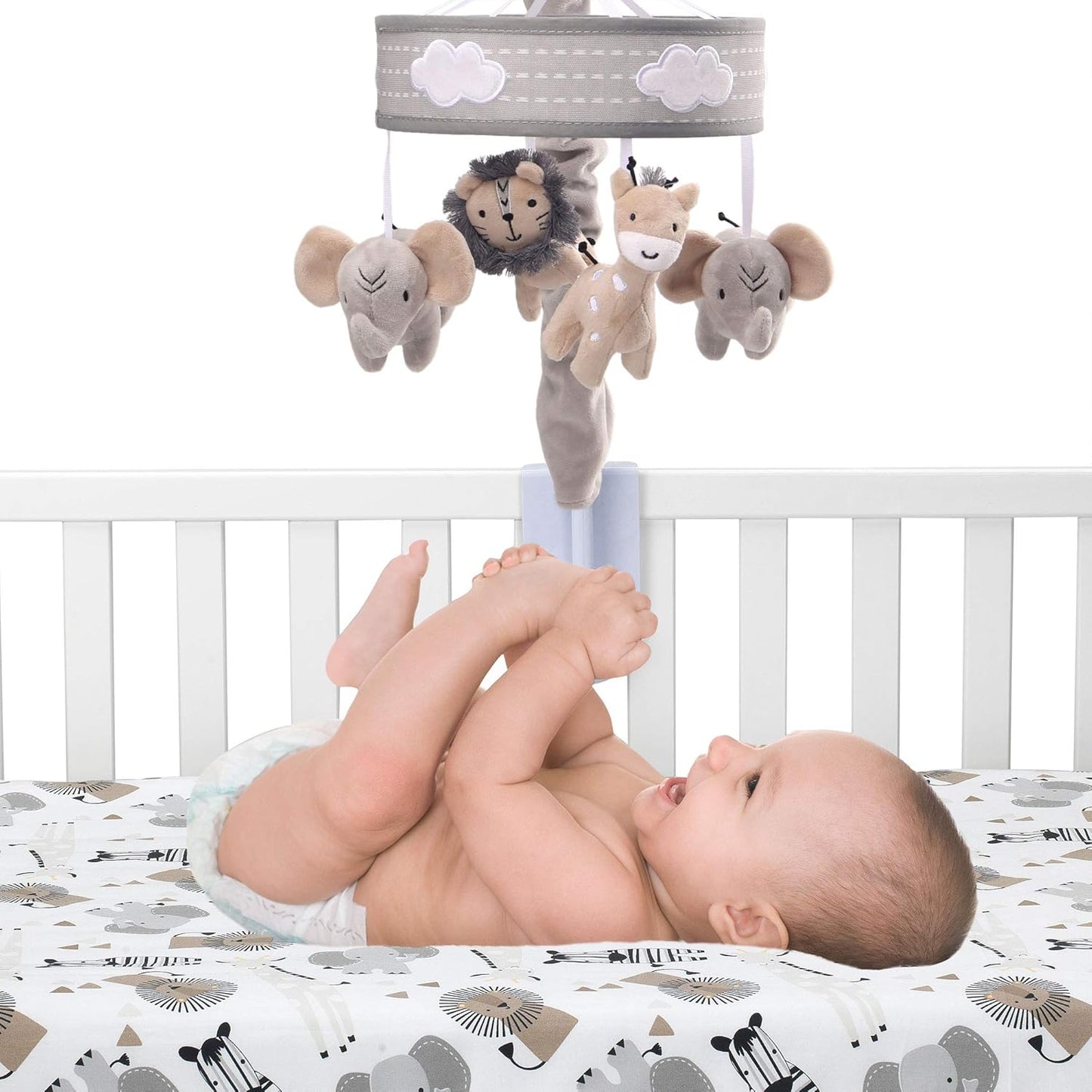 Lambs & Ivy Jungle Safari Musical Baby Crib Mobile - Gray, Beige, White, Animals