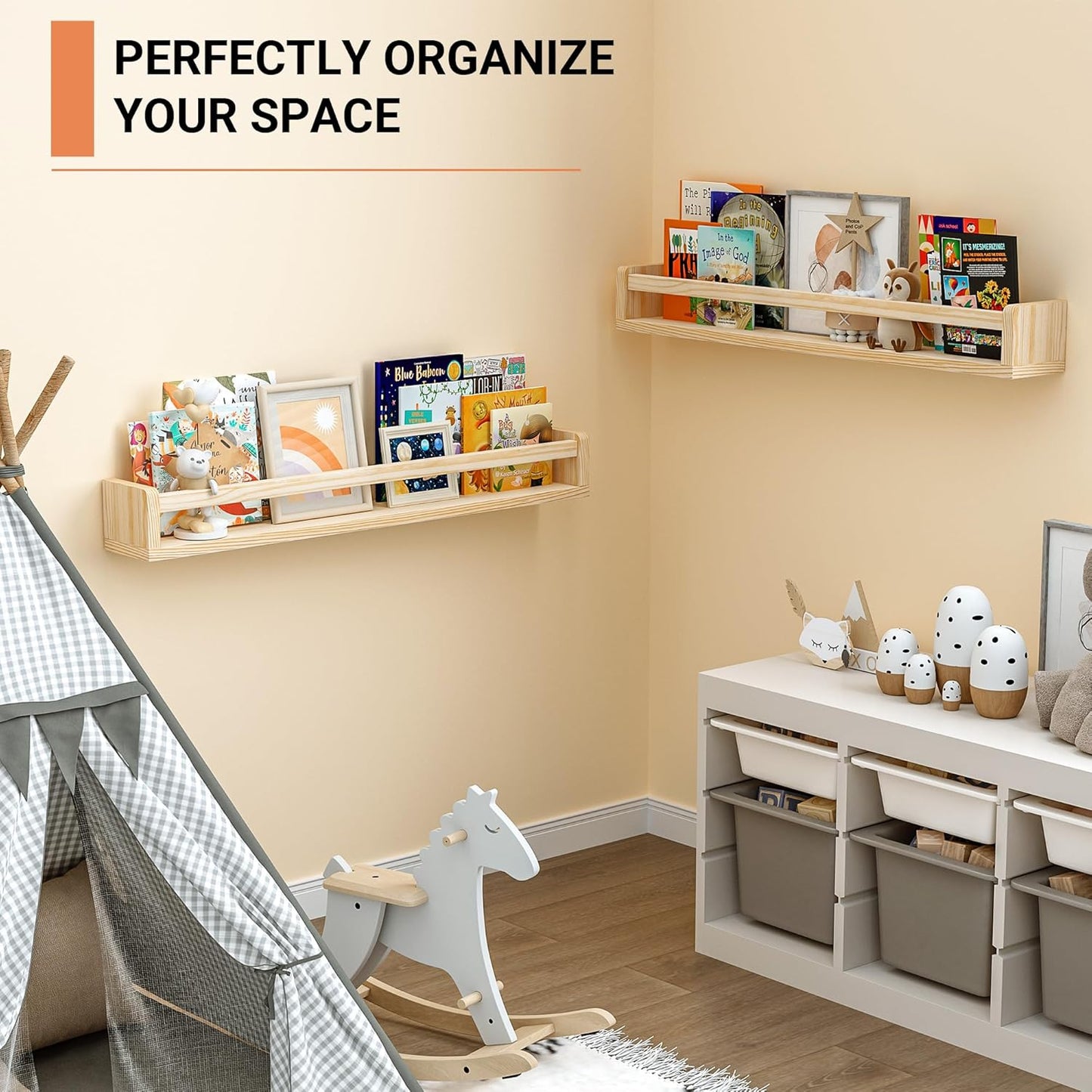 Heimlove 32 Inch Nursery Floating Shelves, Wood Nursery Book Shelves for Wall, Wall Bookshelf for Kids Solid Wood Wall Mounted Shelves for Books,Toys and Decor Storage, Set of 2