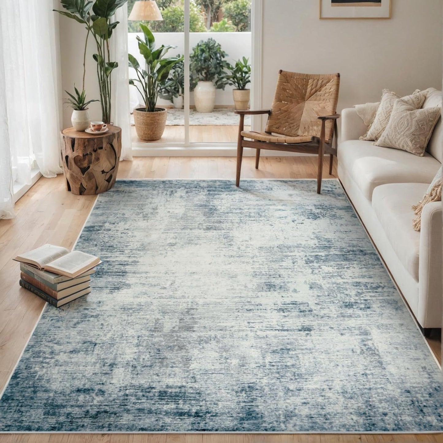 Area Rug 9x12 Washable Rugs: Abstract Large Living Room Rugs with Non-Slip Backing, Stain Resistant Indoor Floor Carpet for Bedroom Dining Room Table Nursery Hallway Home Office-Blue/Ivory