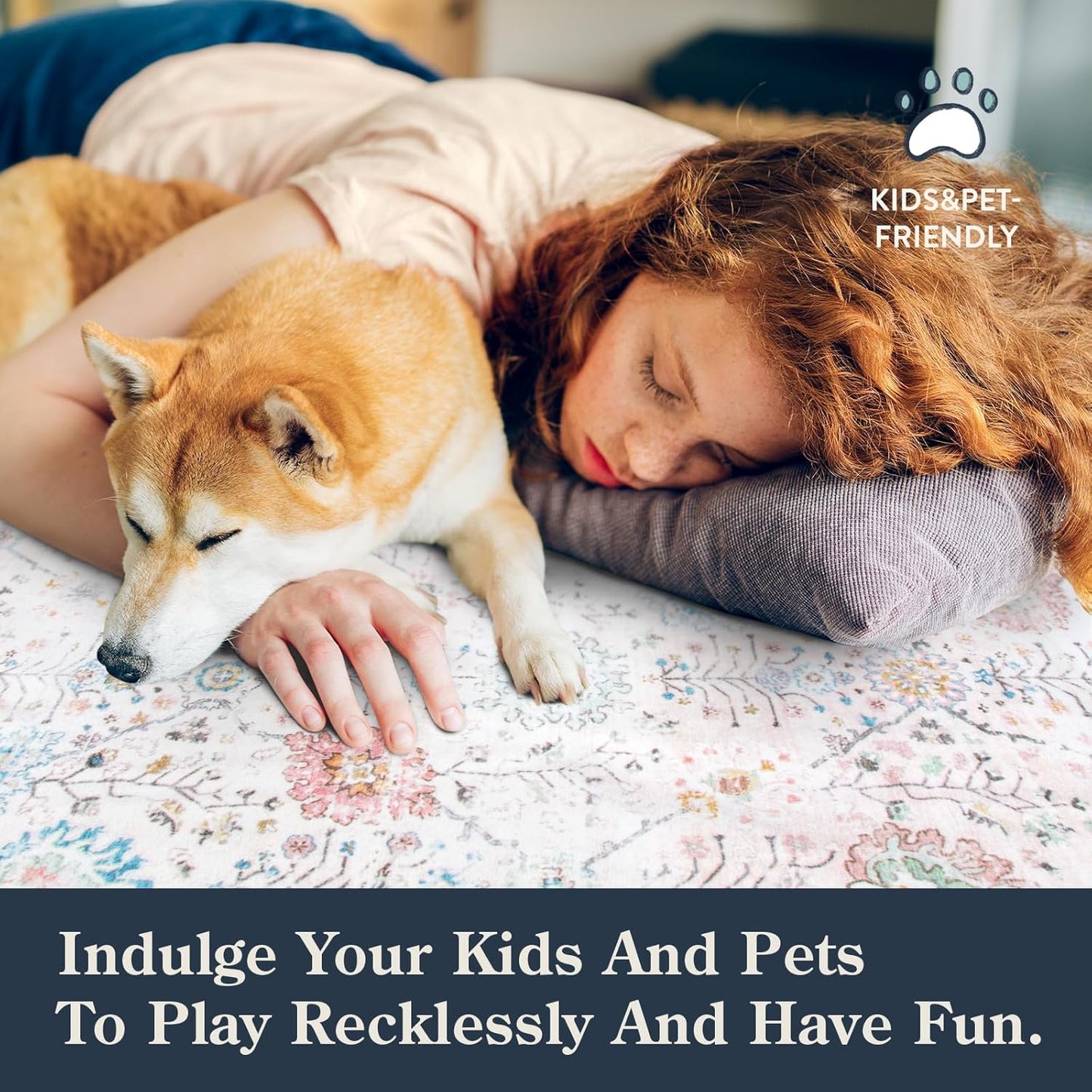 Lahome Soft Nursery Rug, Washable Area Rugs 5x7 for Cozy Kids Room, Lightweight Boho Carpet for Dorm with Non Slip Backing, Non Shedding Easy Care Floral Simple Carpets for Bedroom Living Room, Beige