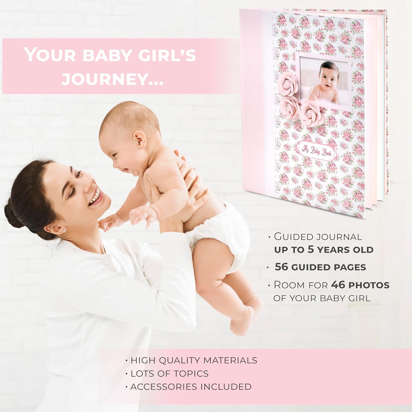 Baby Book Keepsake - Baby Memory Book and Album for Girl, Journal from Pregnancy to First 5 Years, Scrapbook to Record Memories, Milestones and Photos, Baby Book - Pink