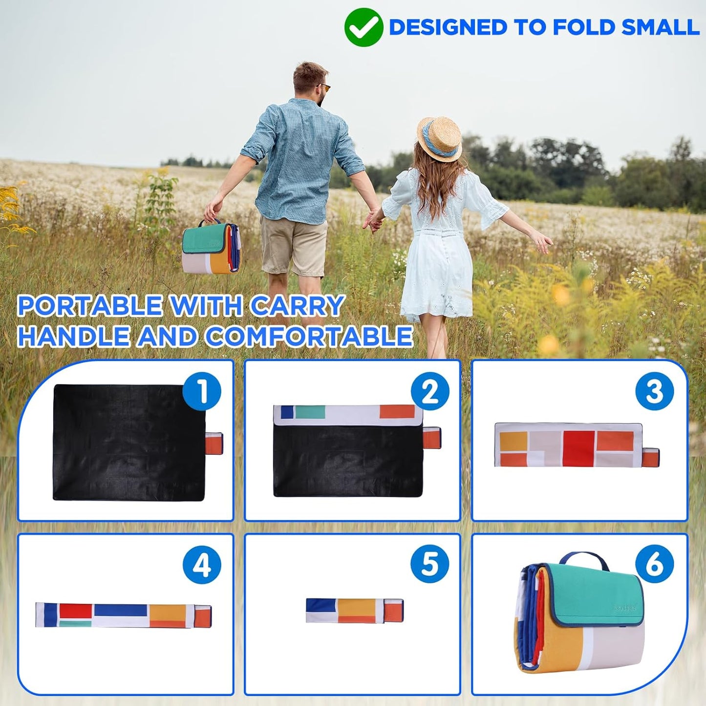 scuddles Extra Large Picnic Blanket – 79" x 59" Waterproof Outdoor Mat with 3-Layer Comfort Design, Easy Fold & Carry Strap for Beach, Camping, Hiking, Park & Family Fun