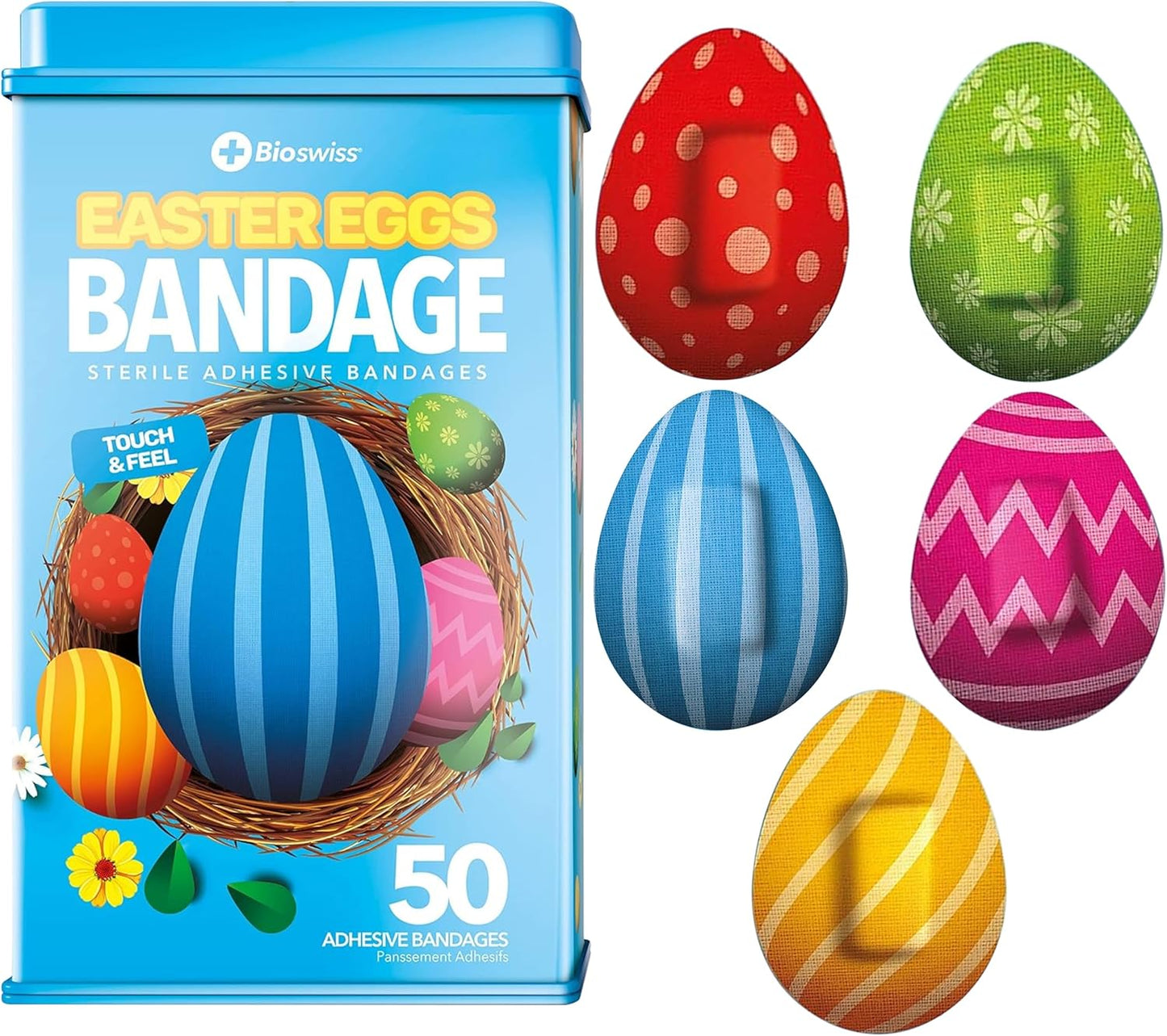 BioSwiss Bandages, Easter Egg Shaped Self Adhesive Bandage, Latex Free Sterile Wound Care, Fun First Aid Kit Supplies for Kids, 50 Count