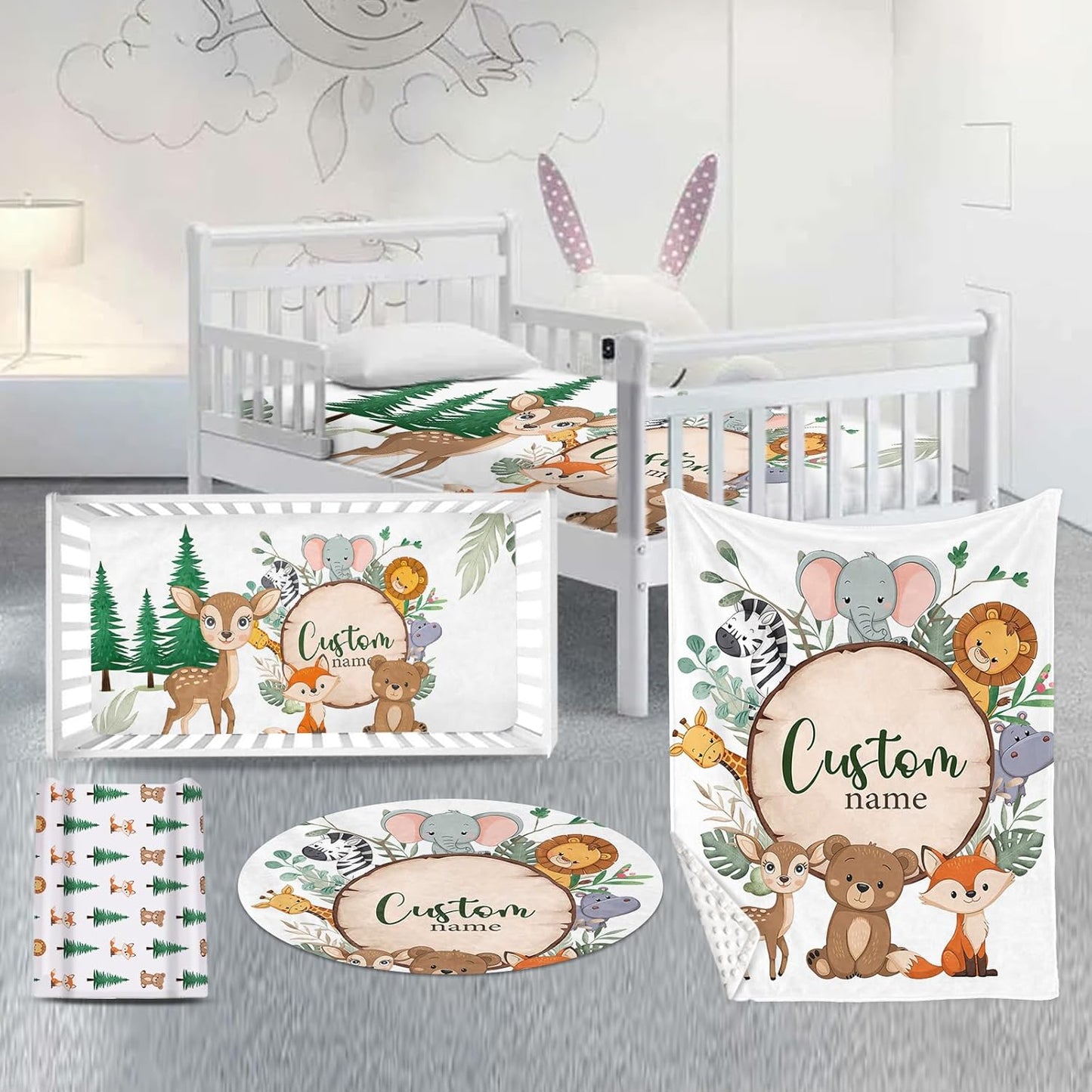 Custom Nursery Crib Bedding Set: Personalized Name 4 Piece Animal Theme Baby Crib Sets for Boys Girls - Toddler Double Layer Blanket Set, Comfortable Crib Bed Sheets for Baby Toddlers