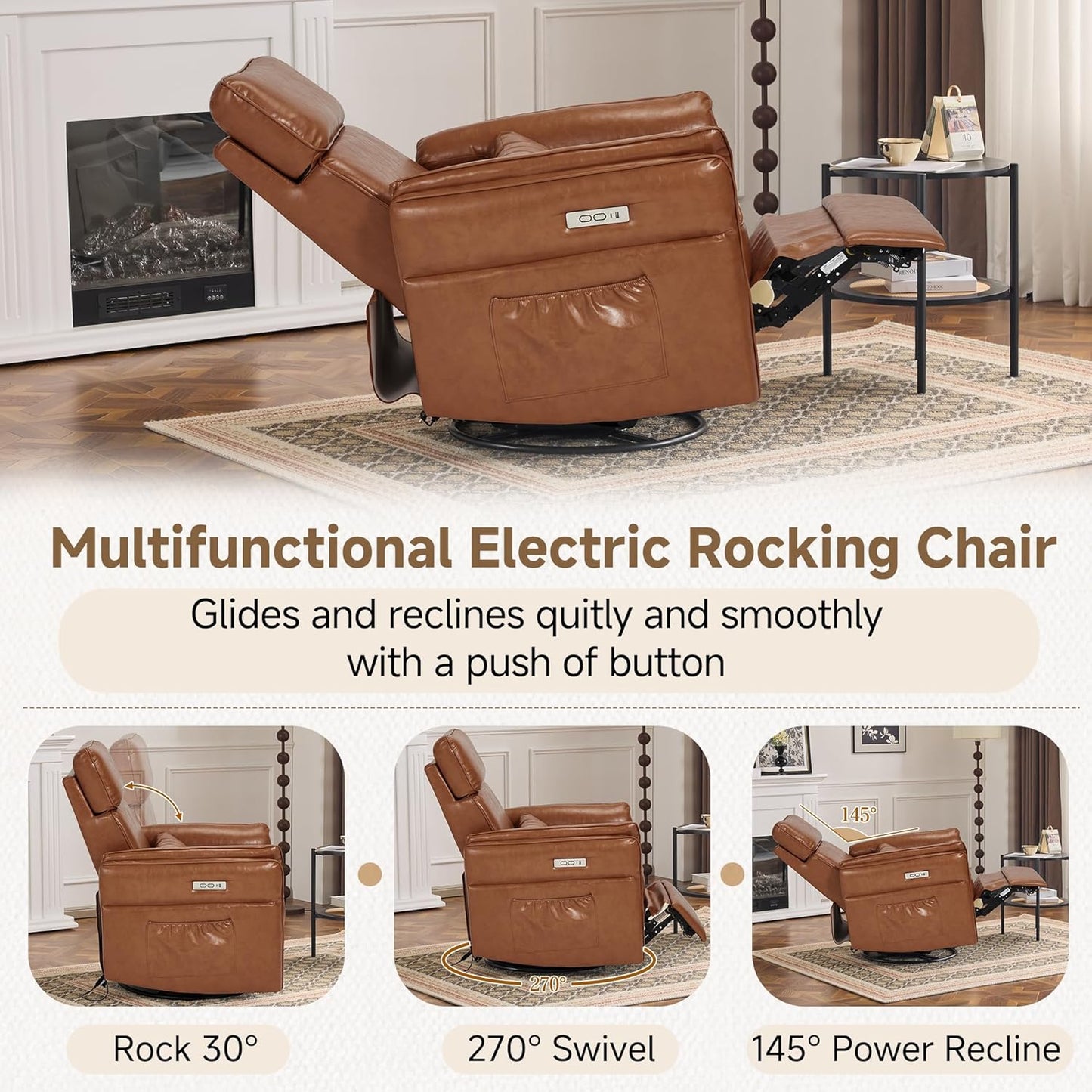 Power Recliner Rocking Chair Nursery Gliders with Adjustable Armrests and Headrest, Swivel Electric Glider Reclining Nursing Chair with USB Port and Storage Bags, FSC Certified(Leather, Brown)
