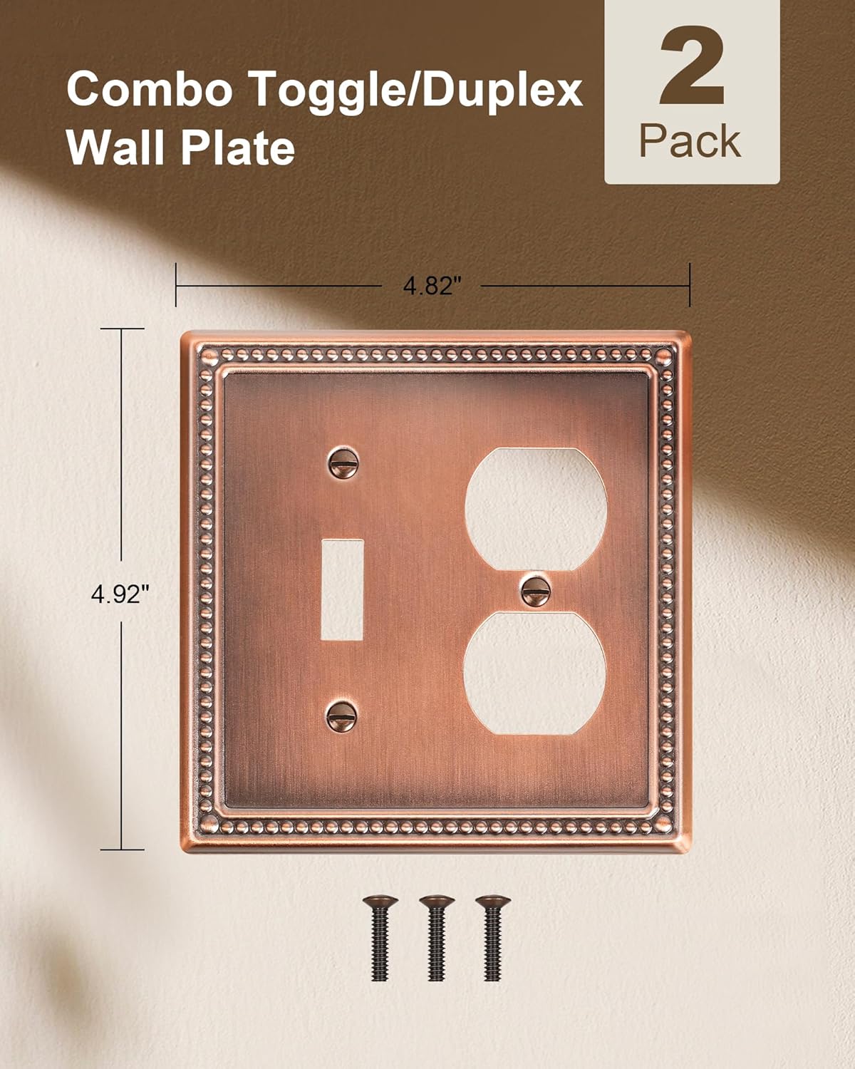 2-Pack Combo Toggle/Duplex Light Switch Cover Plate, Antique Copper Metal Wall Outlet Cover Plate, Decorative Classic Beaded Wall Socket Receptacle Cover for Electrical Outlets, Light Switch